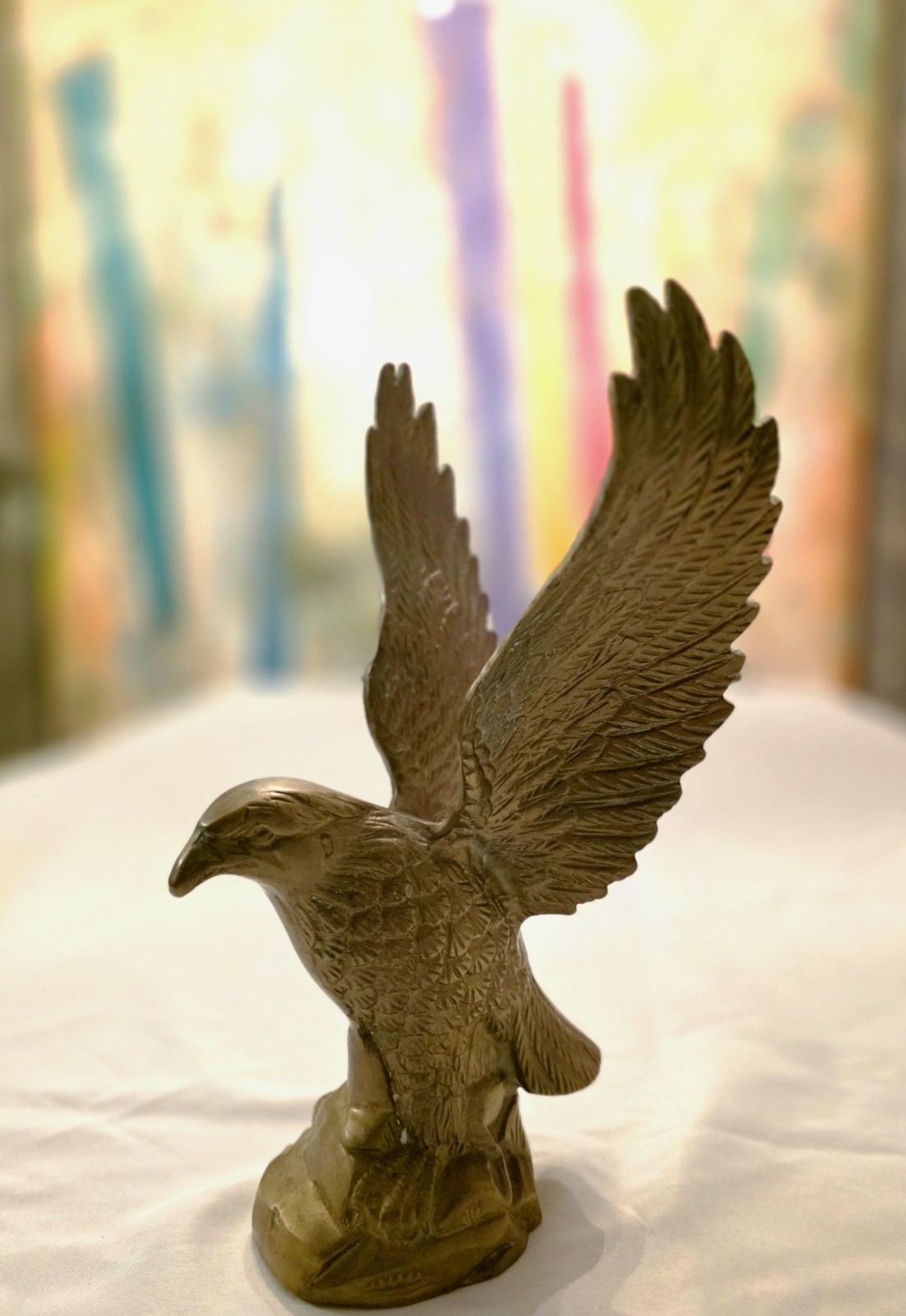 Vintage Brass Spread Wing Eagle Statue on Wood Base - 11" Tall