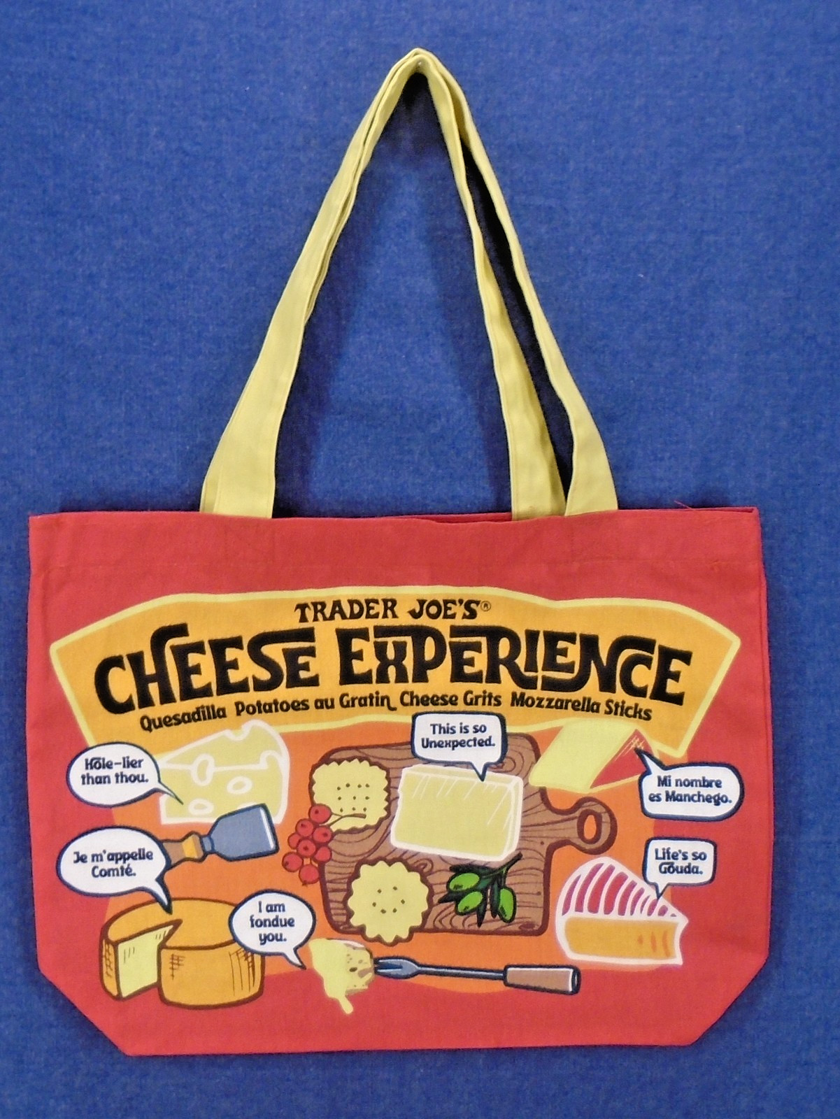 Trader Joes Cheese Experience Red Orange Yellow Cotton Fabric Tote Shopping Bag