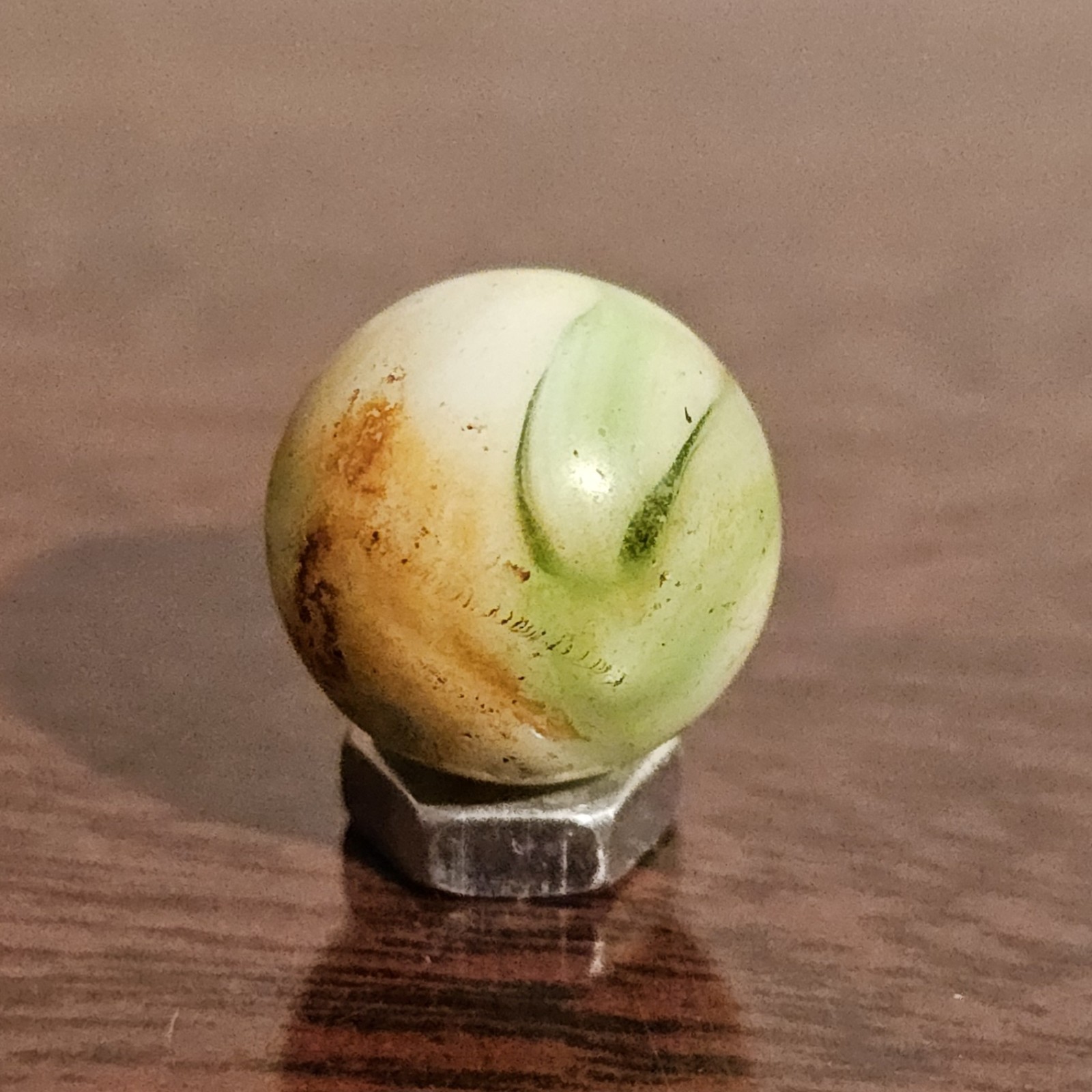 Vintage Akro Agate White Green Brown Swirl  .531 Glass Marble