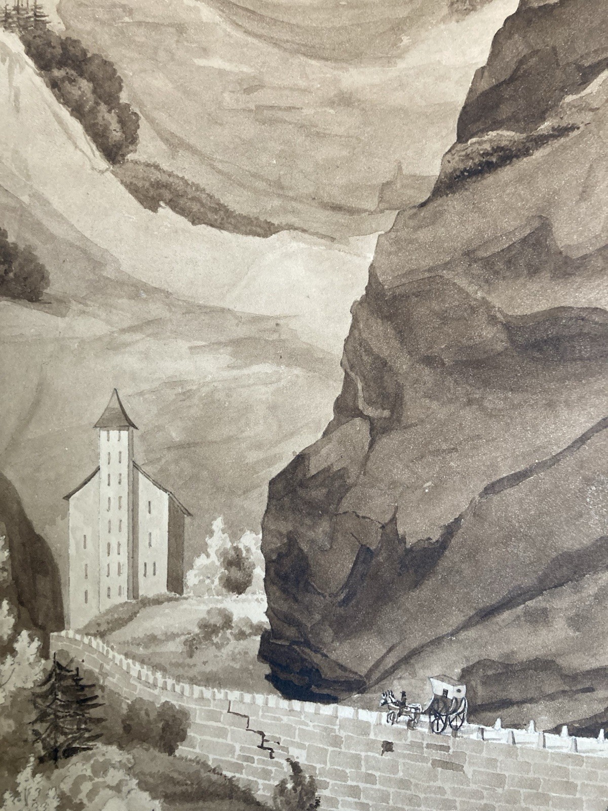 Painting Drawing Xixth 1850 Route De Simplon Tour Stockalper To Gondo Swiss Old