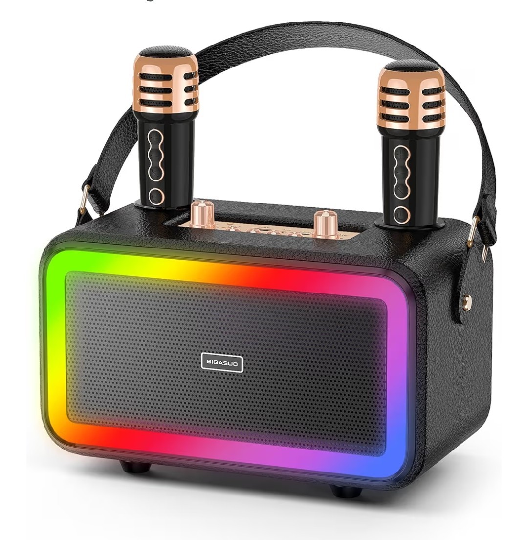 BIGASUO KA217 Portable Karaoke System Bluetooth Wireless Mics LED Rechargeable