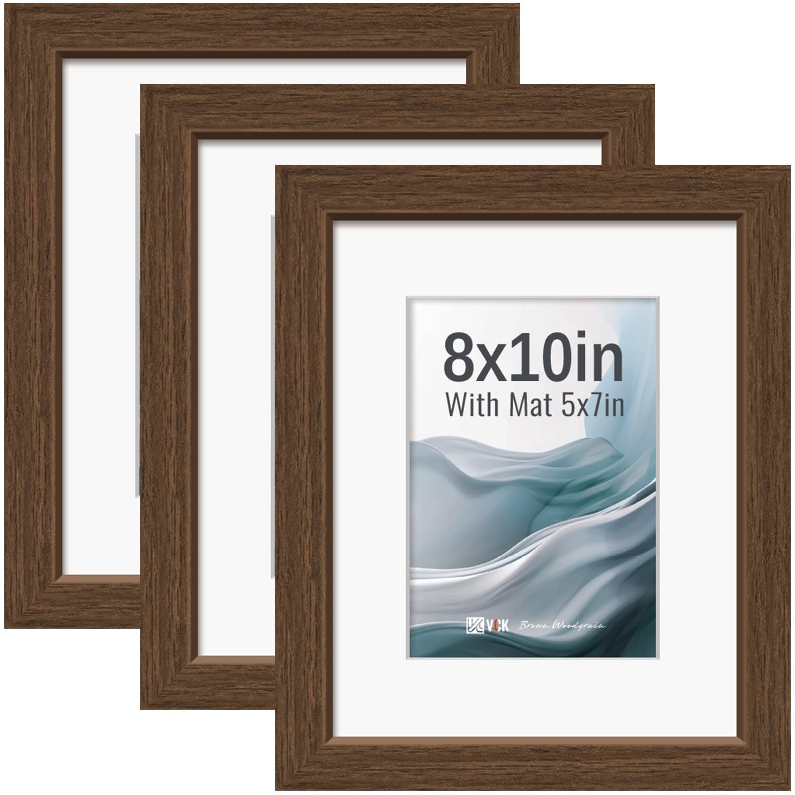 VCK 8x10 Picture Frames Brown 3 Pack, Wide Border Wood, Tempered Glass, Displ...