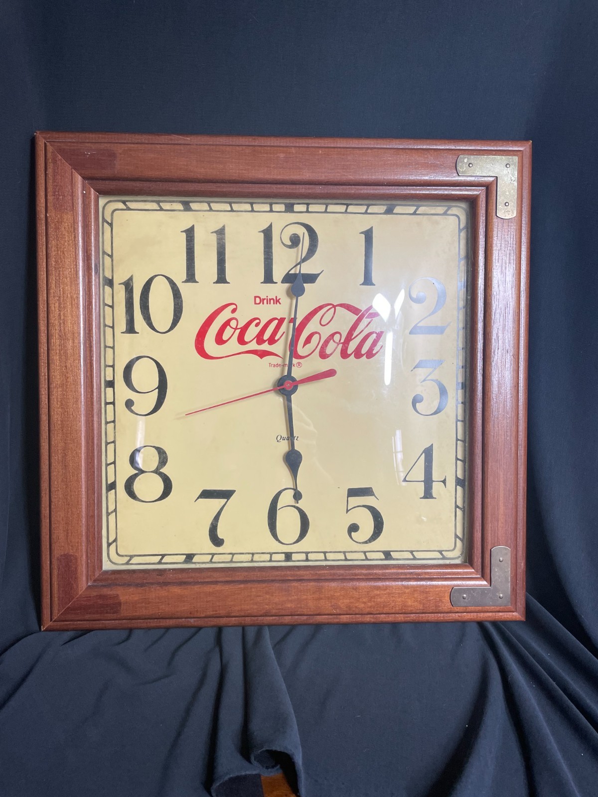 Vintage 90's Wood/Glass/Quartz Coca-Cola Coke wall clock 14"