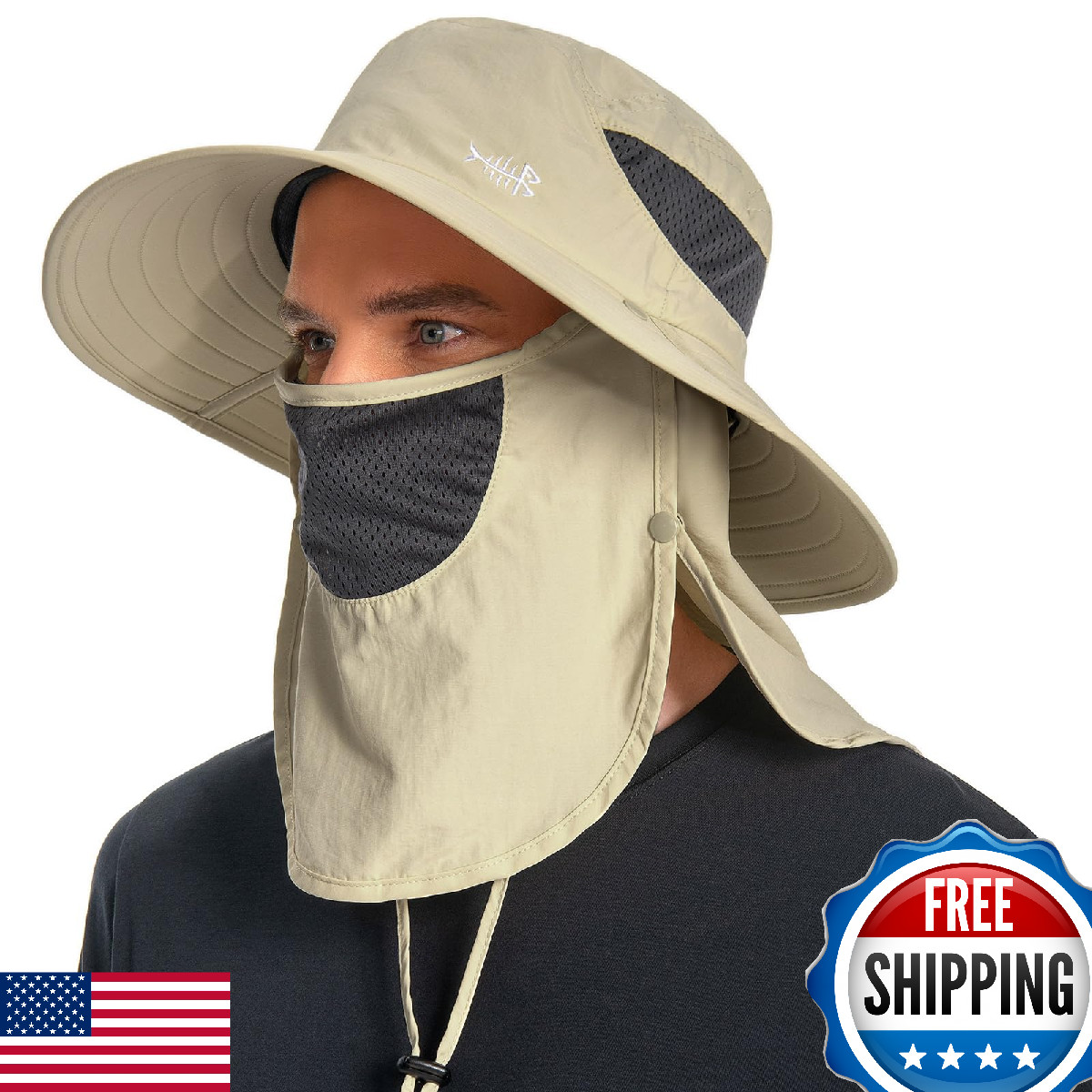 BASSDASH UPF 50+ Sun Hat w/ Removable Face Cover & Neck Flap, Wide Brim