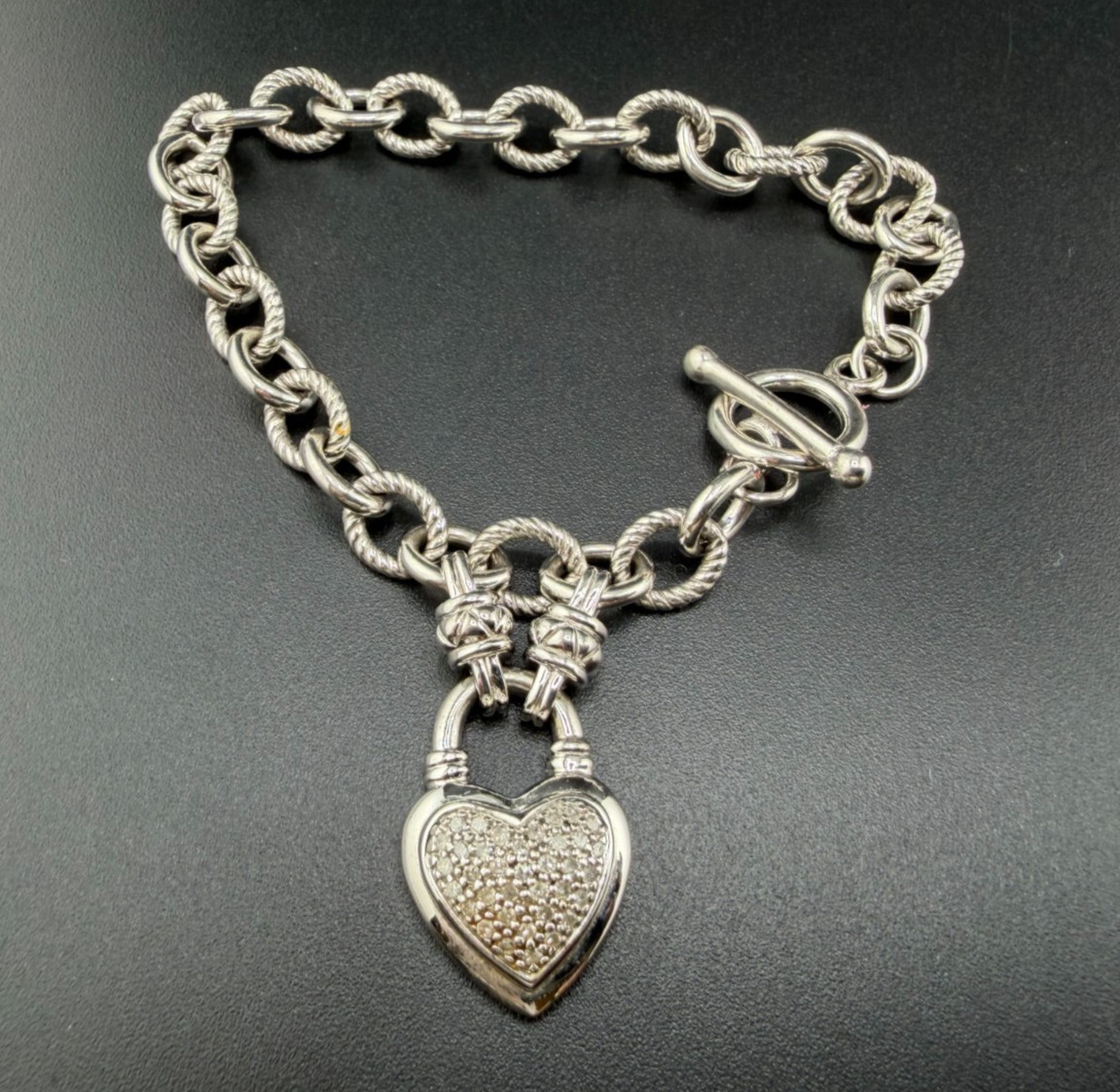 925 STERLING SILVER PAVE DIAMOND HEART CHARM ROLO LINK CHAIN BRACELET