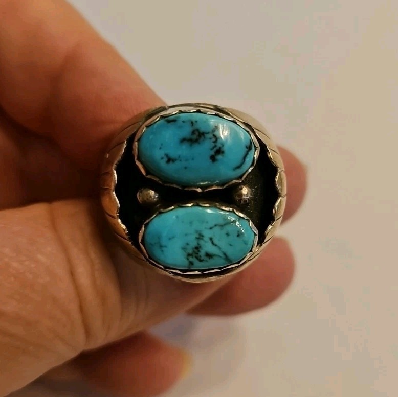 Signed K.Y. Native American Sterling Silver Turquoise Ring Sz 7.5 18g