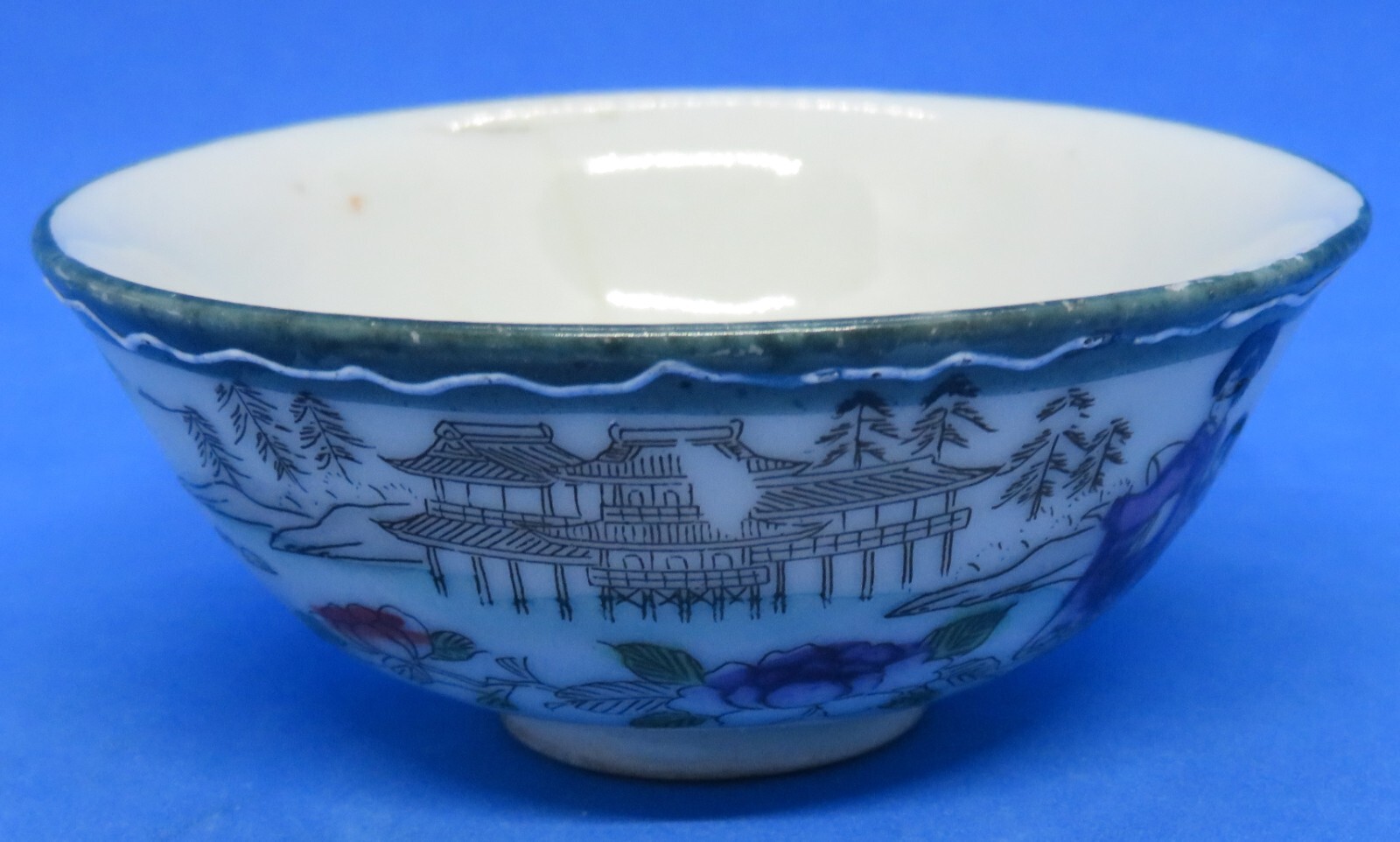 Japanese Kutani vintage Art Deco oriental antique blue glaze tea bowl B