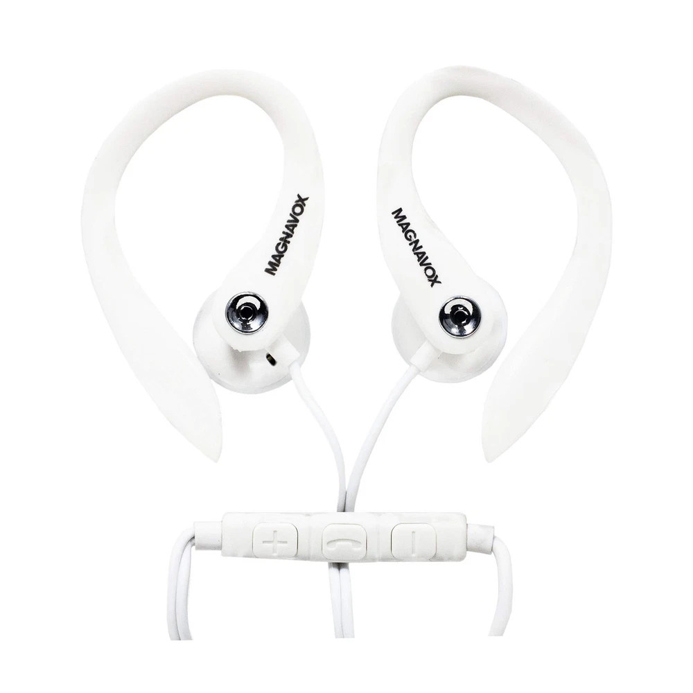 Magnavox MHP4854 White Earhook Earbuds with Microphone and Durable Cable