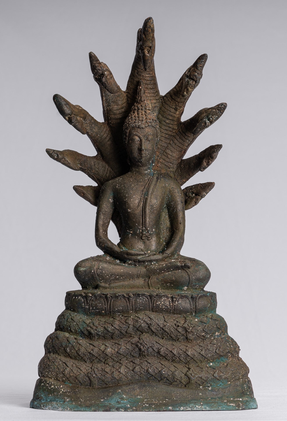 Antique Sukhothai Style Bronze Meditating Naga Buddha Statue - 32cm/13"