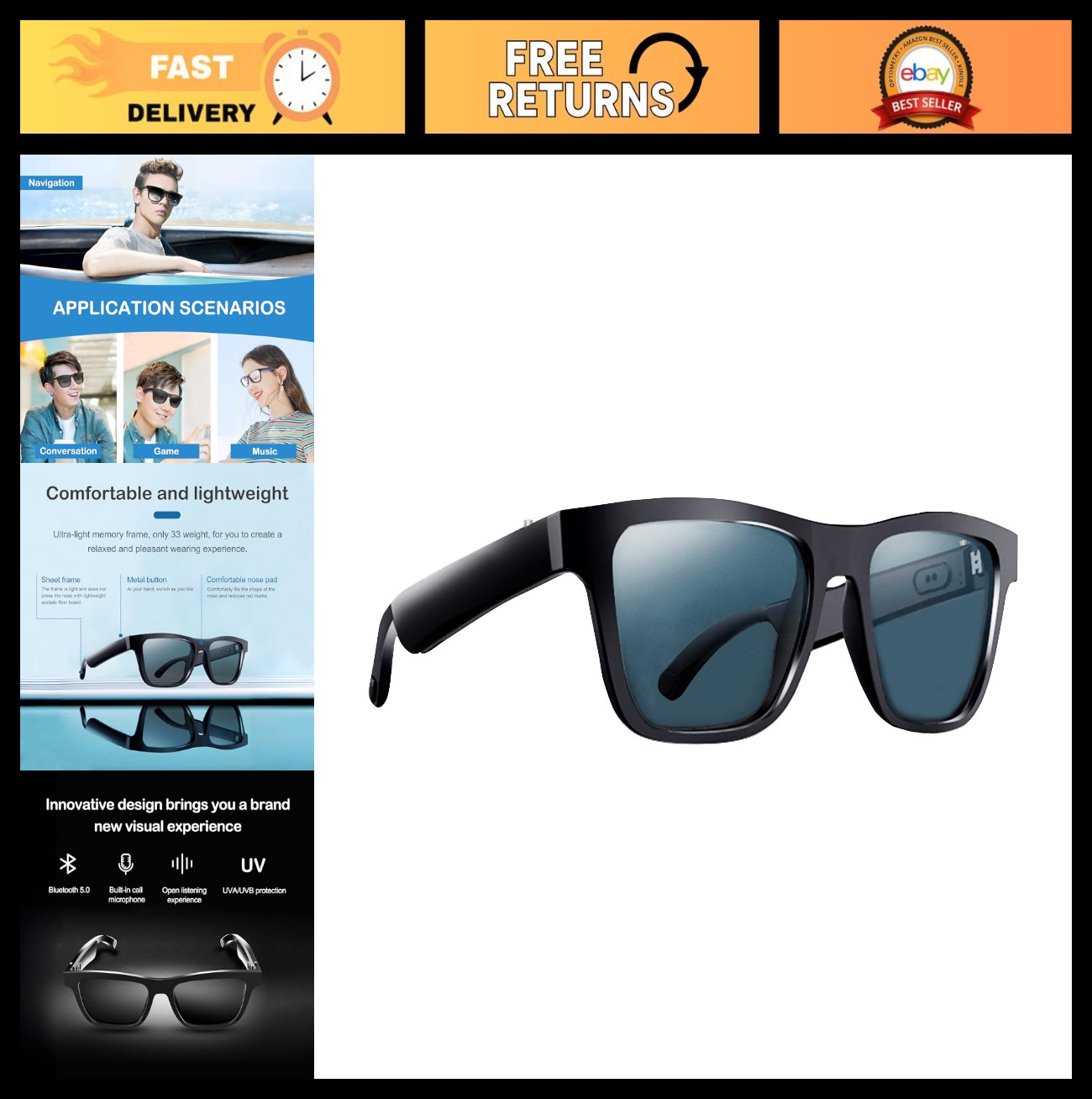 Bluetooth Audio Sunglasses with Mic & Speaker, Polarized UV Protection, Open Ear