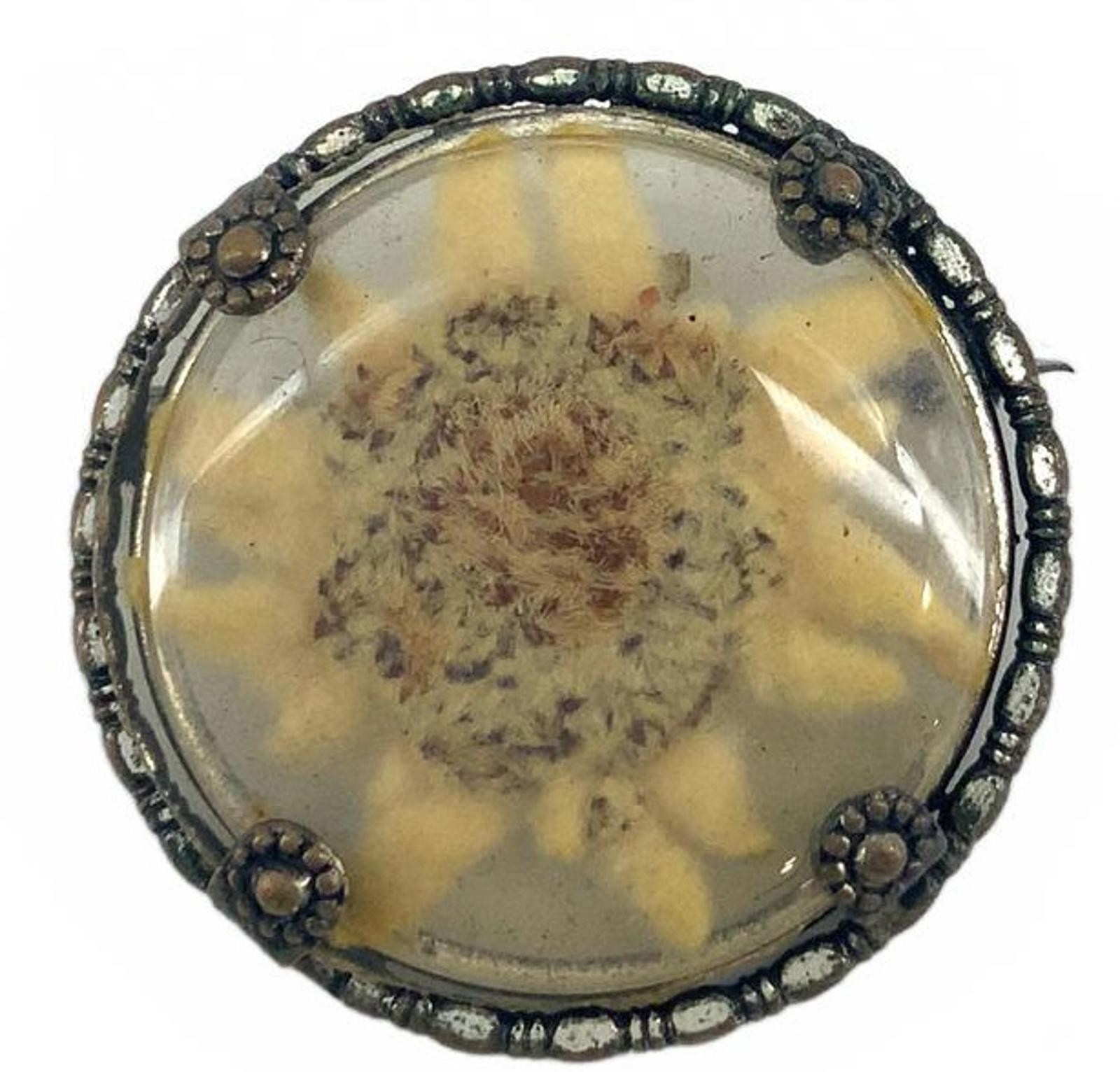 Vintage Lucite Flower Alpine Folk Art Brooch Silver Tone Small Round