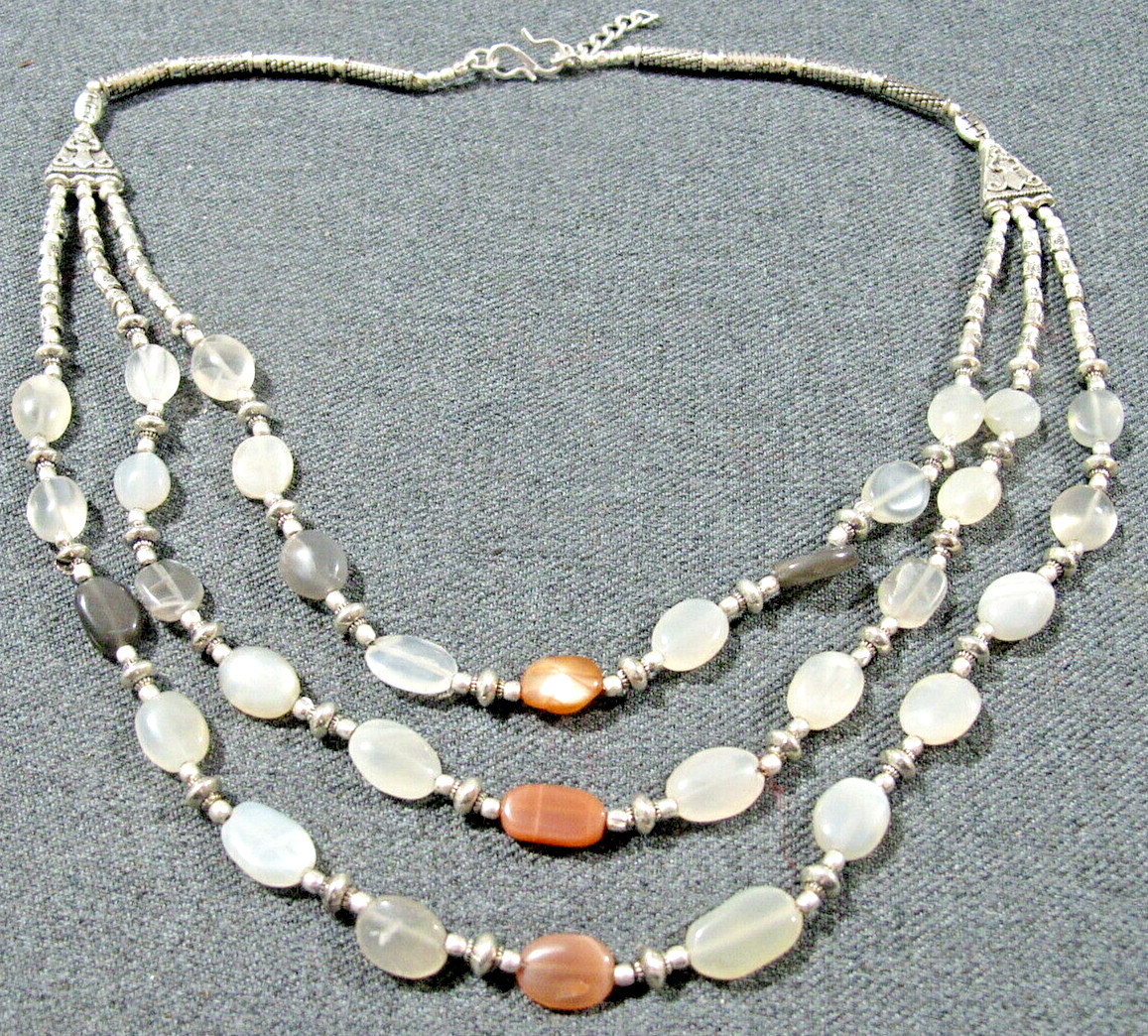 Vintage multistone silver plated metal beads 3 strands bib collar necklace