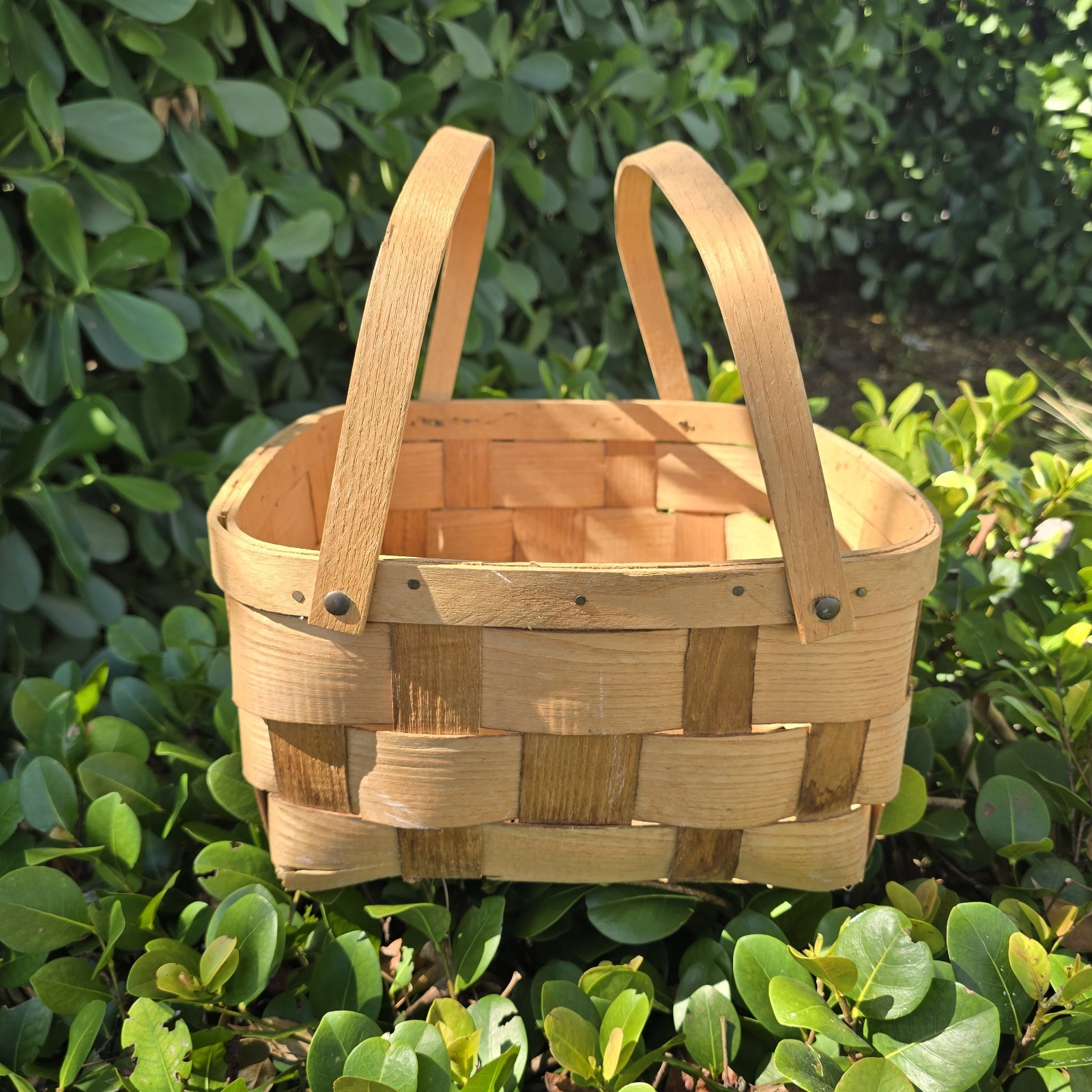 Vintage Split Ash Wood Double Handled Gathering Basket Brass Fittings Primitive 