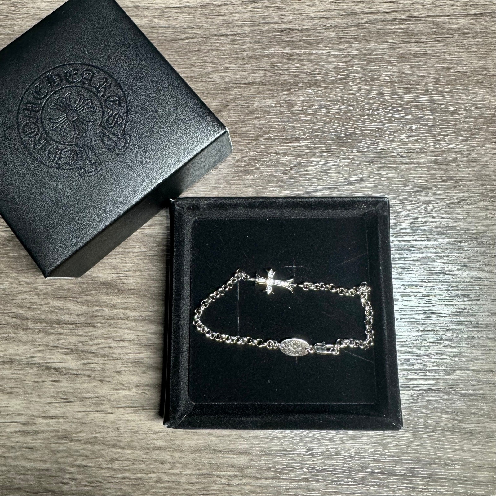 Chrome Hearts Style 925 Silver - Rhinestone Lone Cross - Bracelet