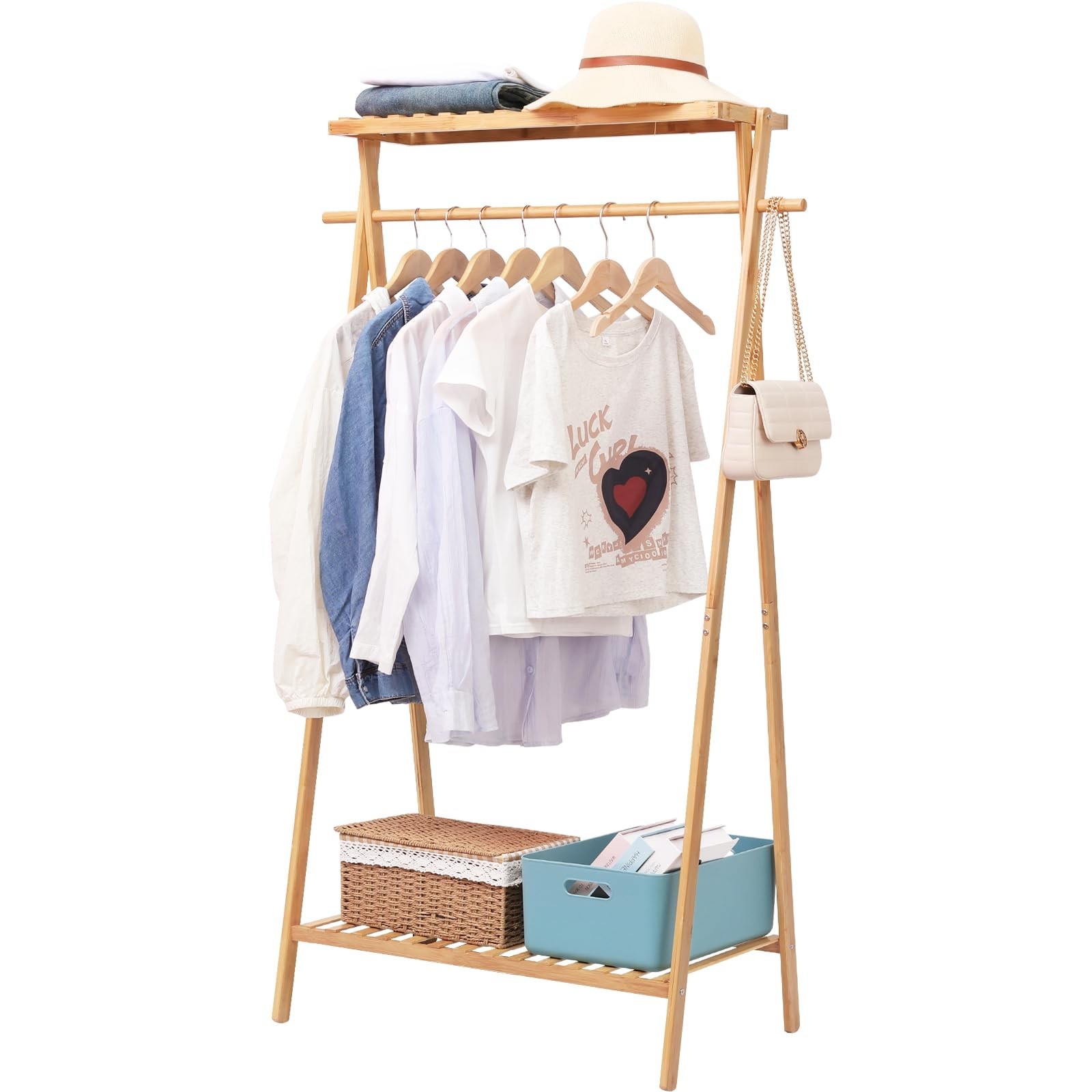 Bamboo Clothing Garment Rack with 2 Tier Storage Shelf Clohes Hanging Stand P...