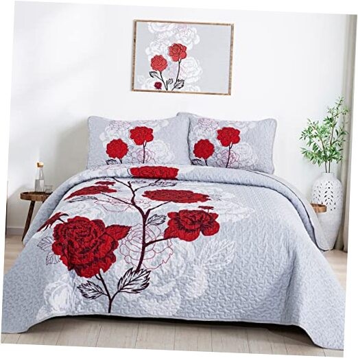  Floral Quilt Set Queen Size,Elegant Floral Printed Queen(96"x90") Red