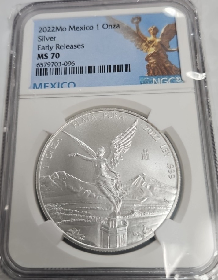 2022-1 oz MS70 Libertad BU .999 Silver Coin NGC-Mexico Onza First Release J286