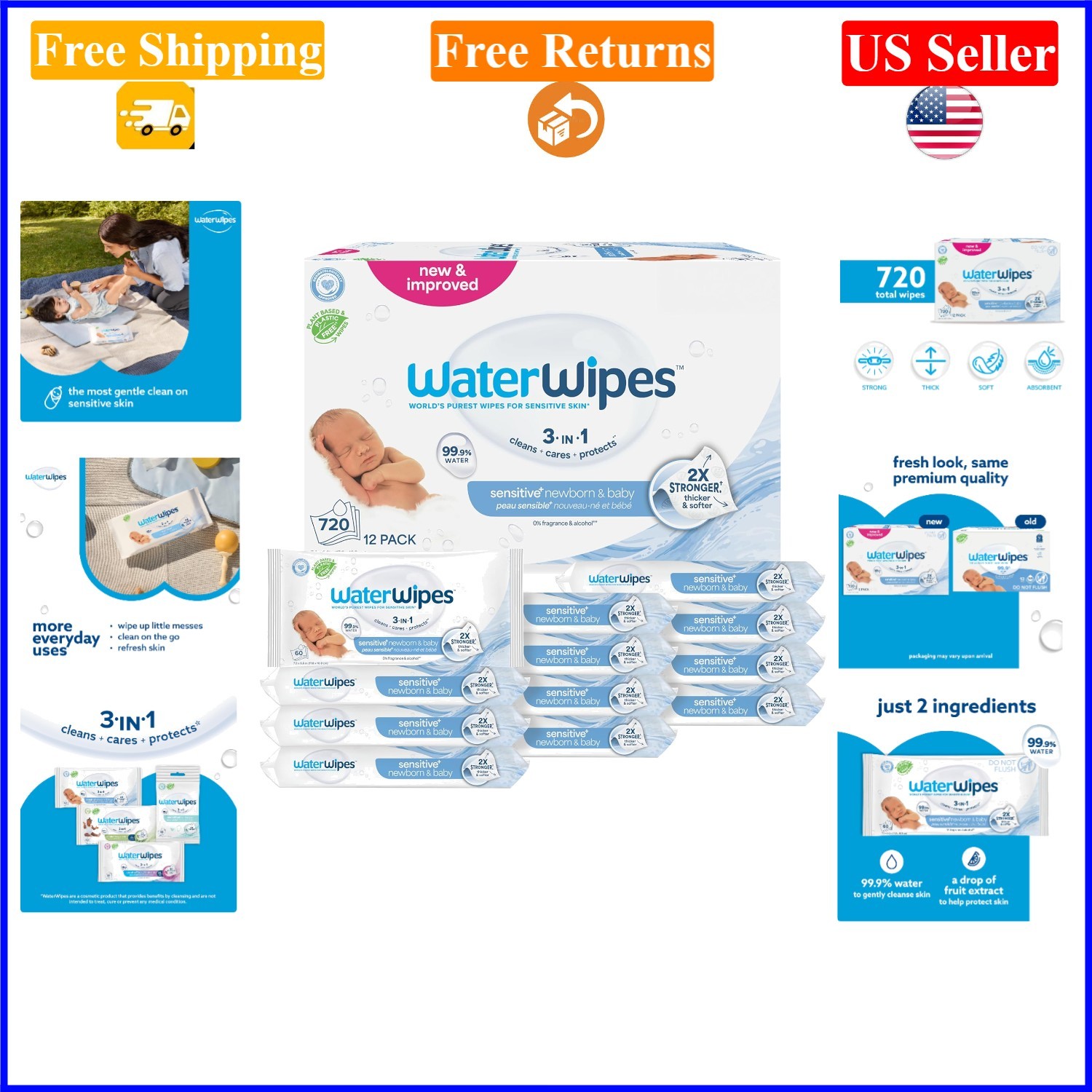 Sensitive+ Newborn Baby Wipes 720ct Unscented, Hypoallergenic, Water-Based