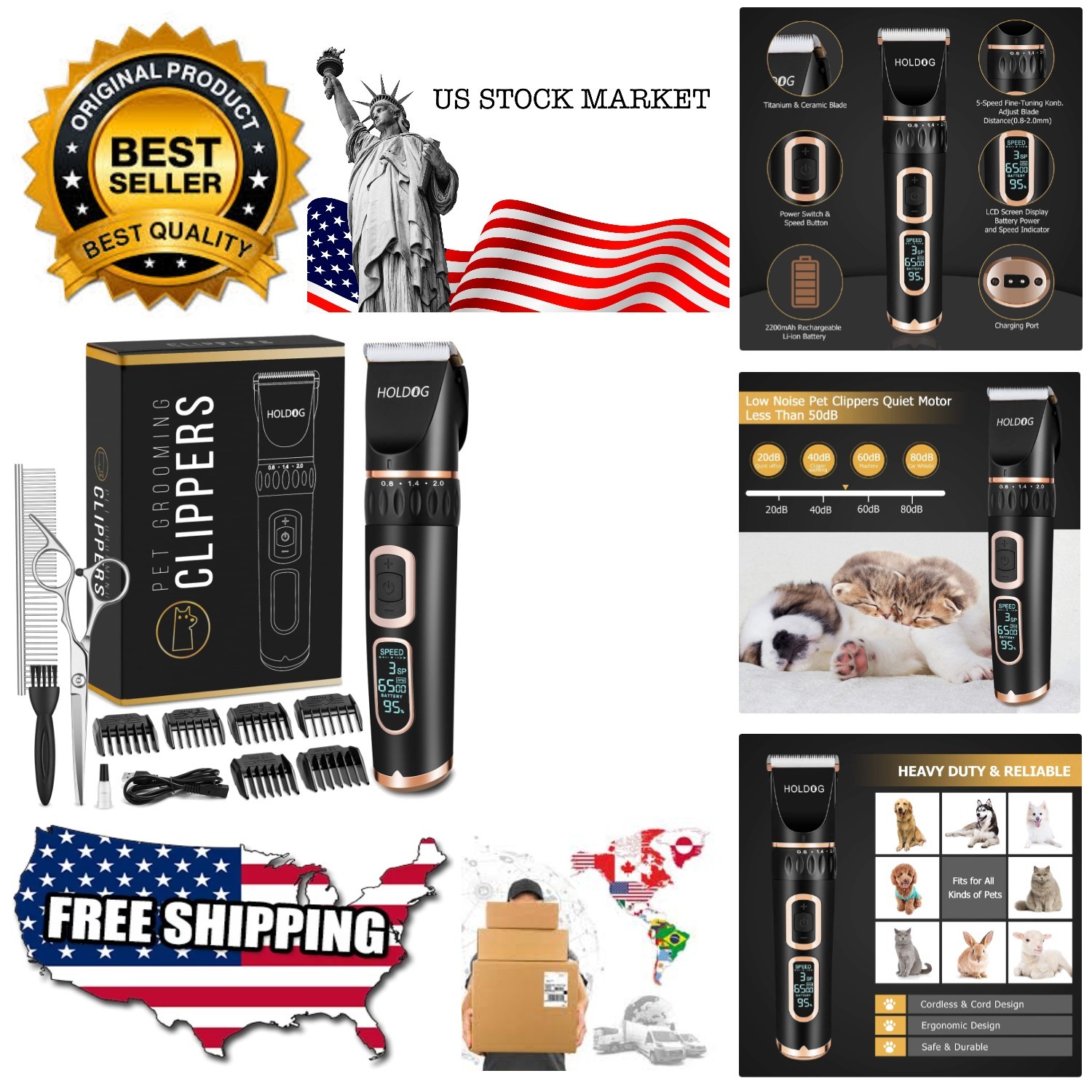 Dog Clippers Professional Heavy Duty Grooming Clipper 3-Speed Low Noise High ...