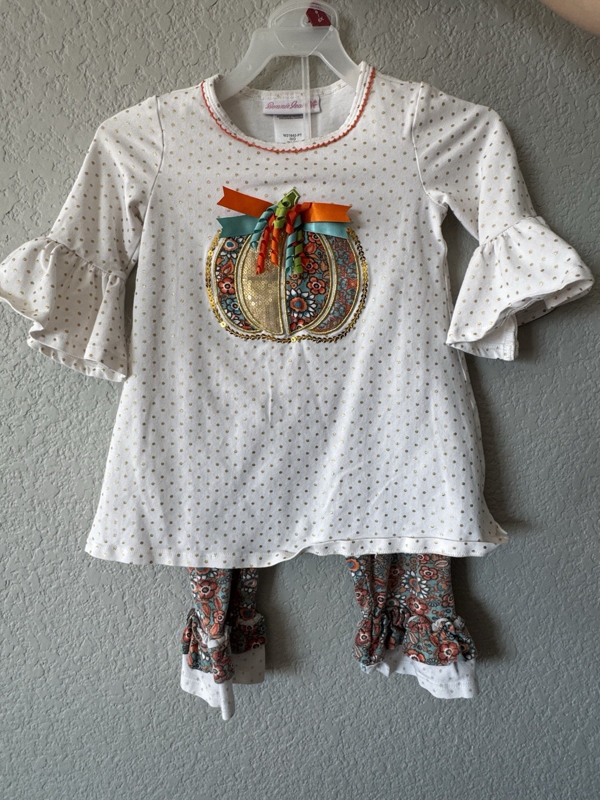 Bonnie Jean Pumpkin Fall 2 Piece Outfit Set Girls 4T Top Pants Ivory Multicolor