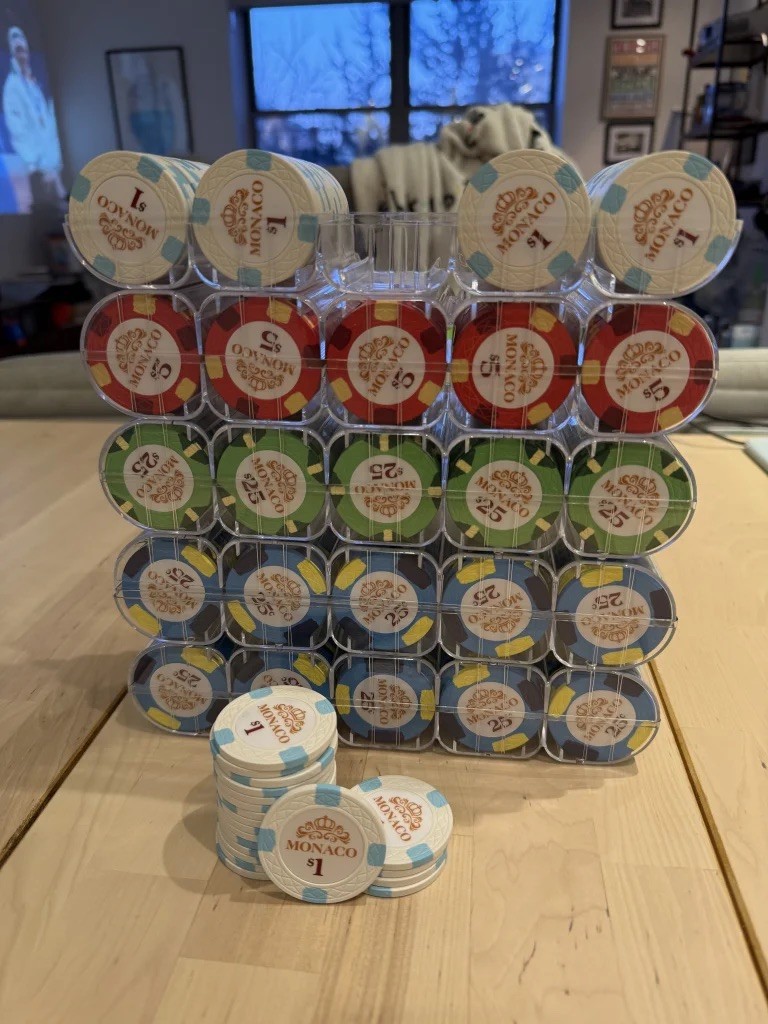 (500) Monaco Oversized (43mm) Poker Chips - Lightly Used +Chip Racks Included