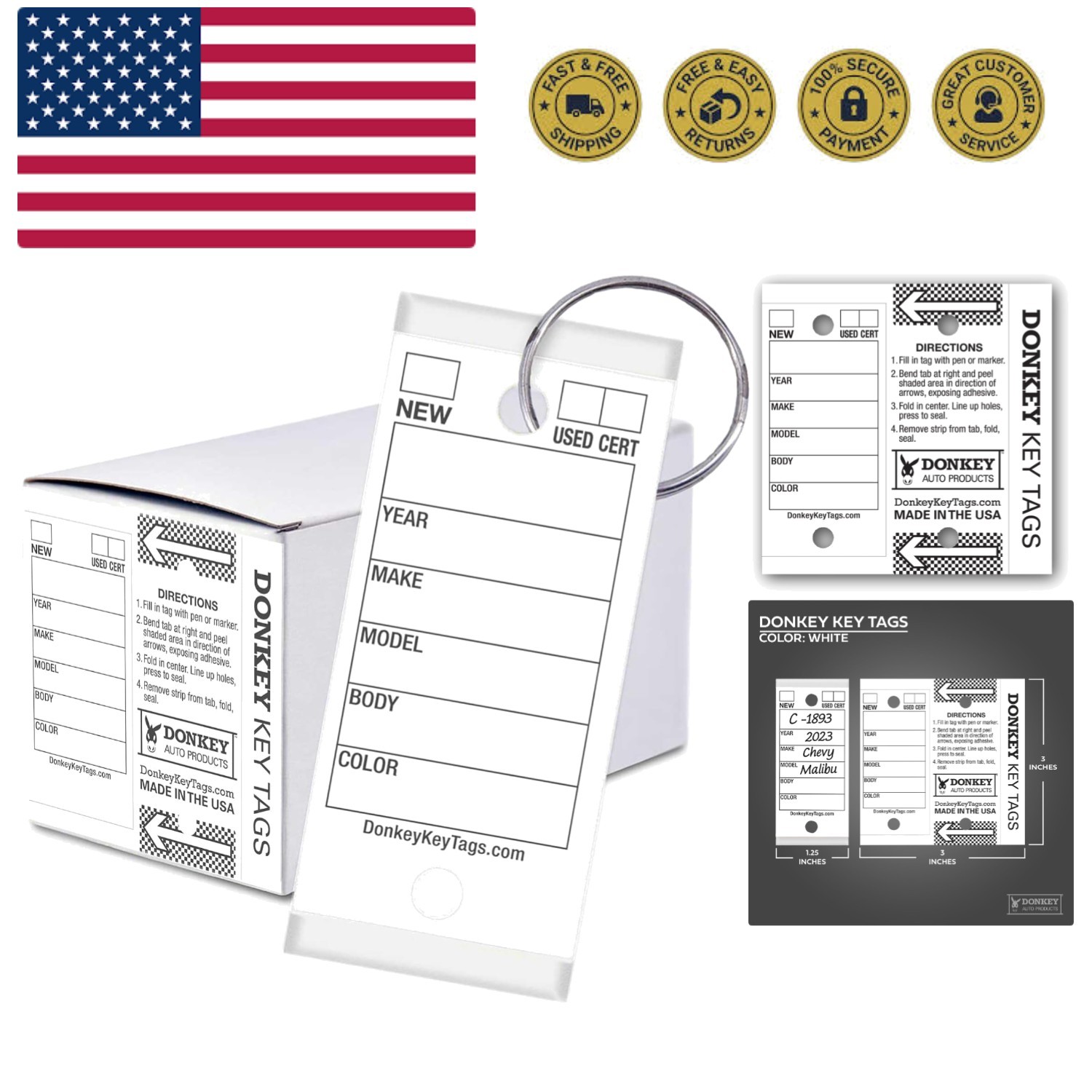 Donkey Key Tags, Laminated Self-Protecting 250 Tags Per Box with Metal Rings ...