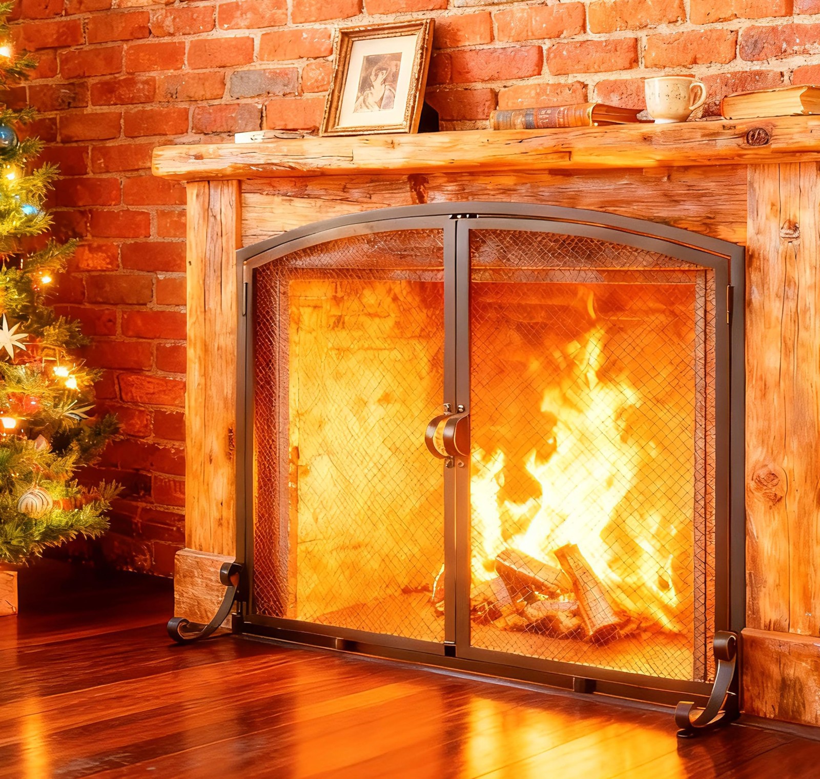 Fire Beauty 37.8x30.7 in Flat Fireplace Screen with Doors, Large, Black 