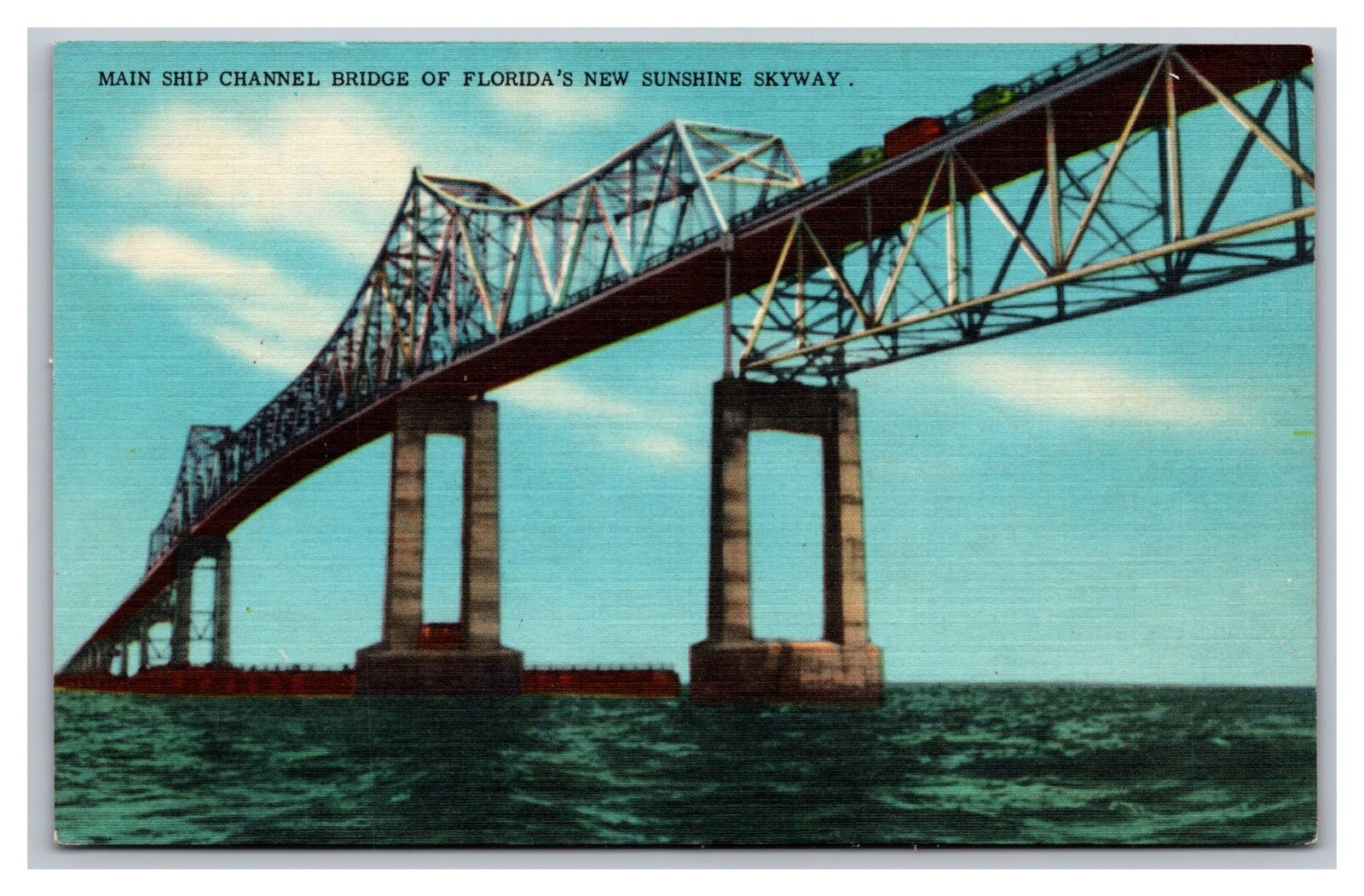 Florida's Sunshine Skyway Main Ship Channel Bridge Unp Linen Postcard