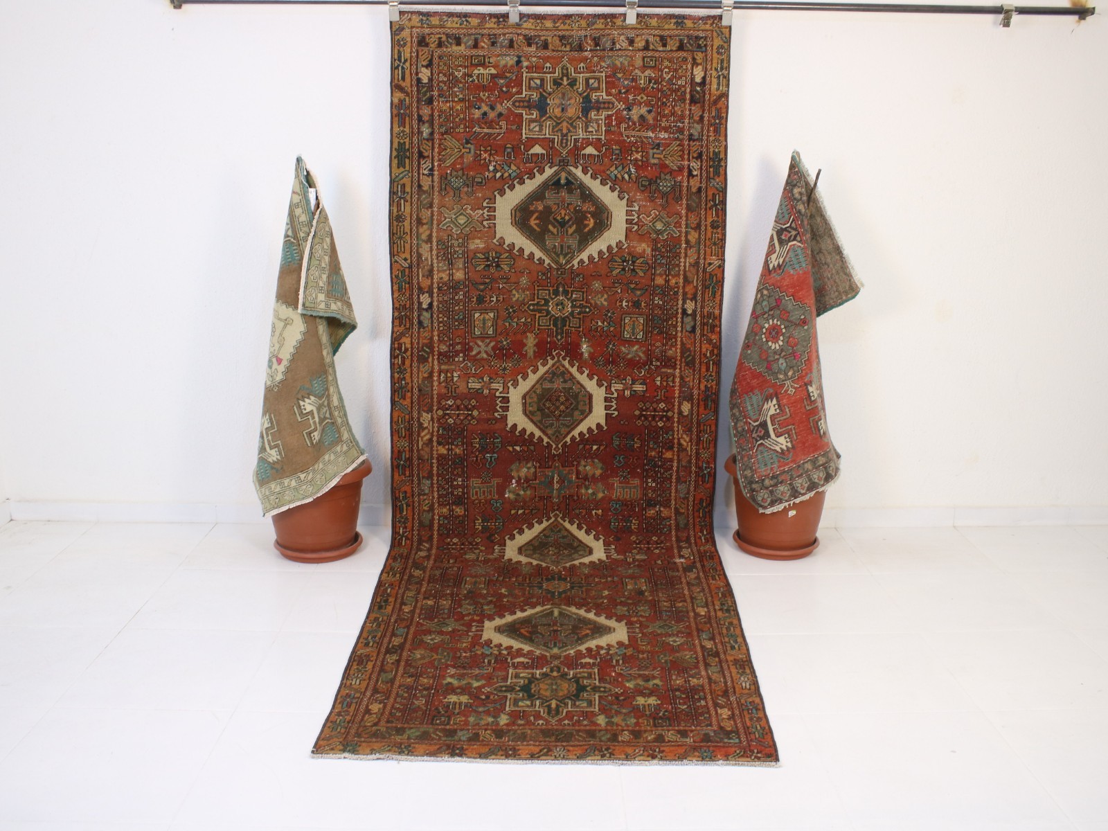 4x10 Red Runner Rug, Handmade Turkish Rug, Vintage Floral Geometric, 3.6x10.1