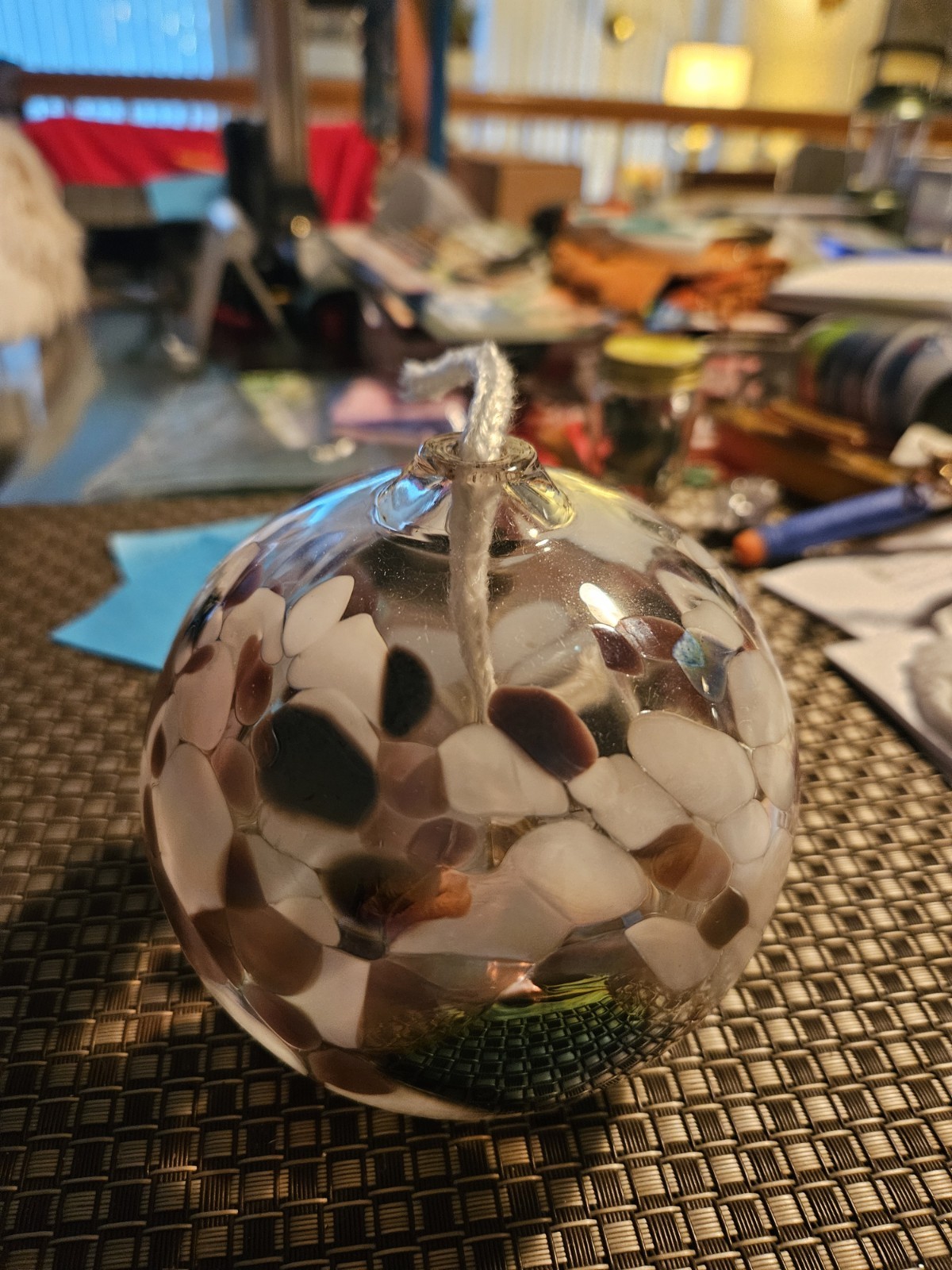 Blown Glass Oil Lamp, Ball shaped, Iridescent Purple And White 5" New