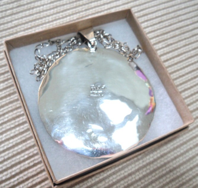 HUGE Inlaid Turquoise and Gemstone Sterling Silver Pendant Necklace 3"dia/20"L