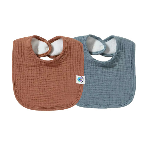 Set of 2 Muslin Drool Bibs 100% Soft Cotton With Backing 1 Nutmeg and 1 Teal