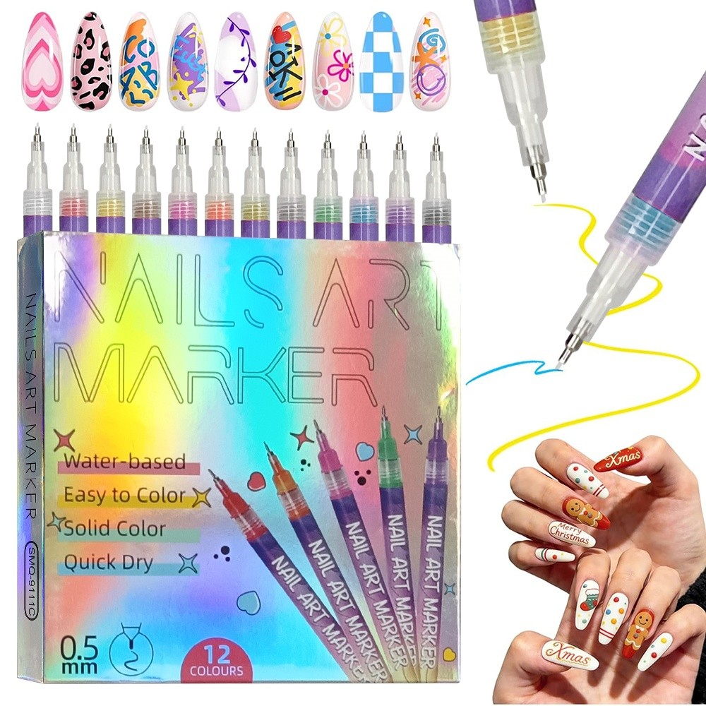 12 Colors Nail Art Pens Set, Nail Art Marker, Nail Doodle Pens, 0.5 MM Nail US