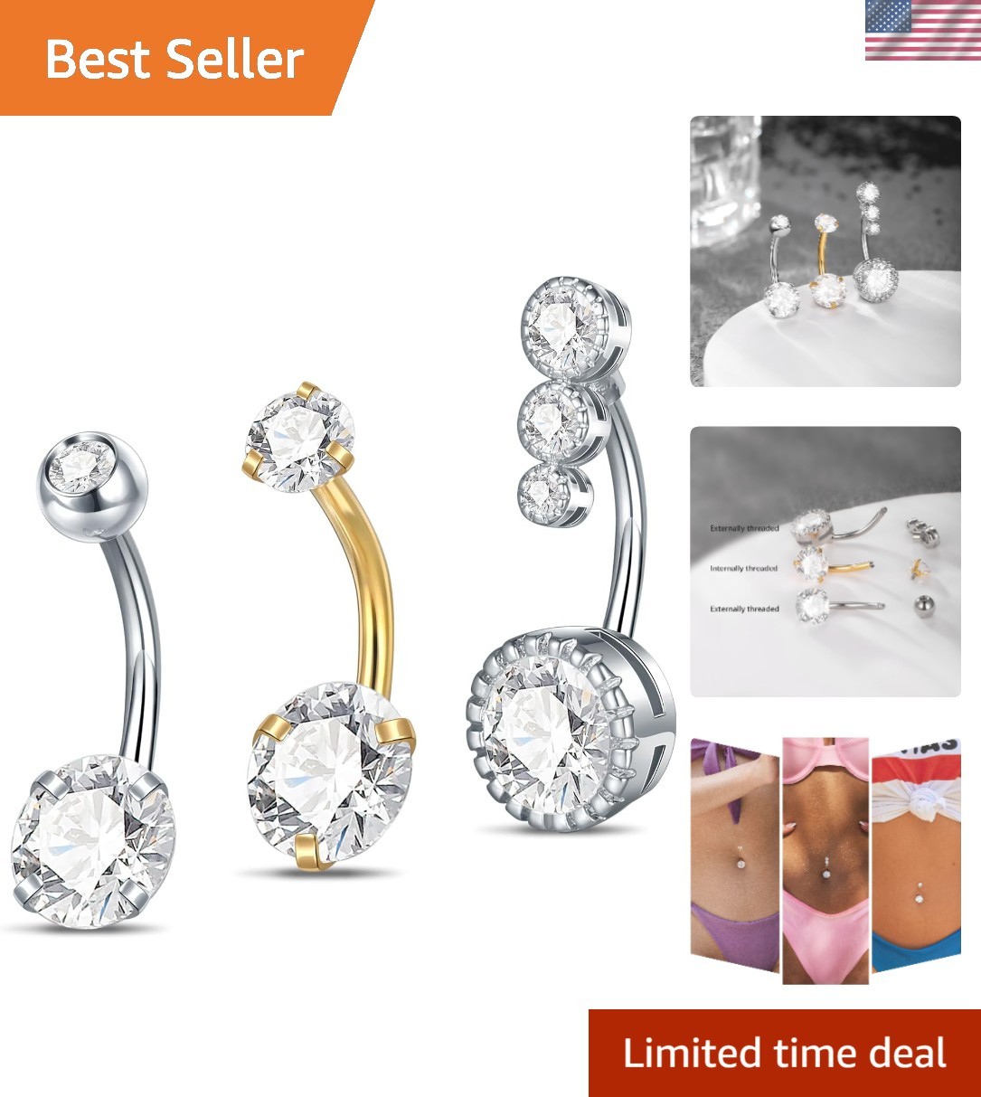 Belly Button Ring 14G Stainless Steel Clear CZ Navel Rings Dangle Belly Body ...