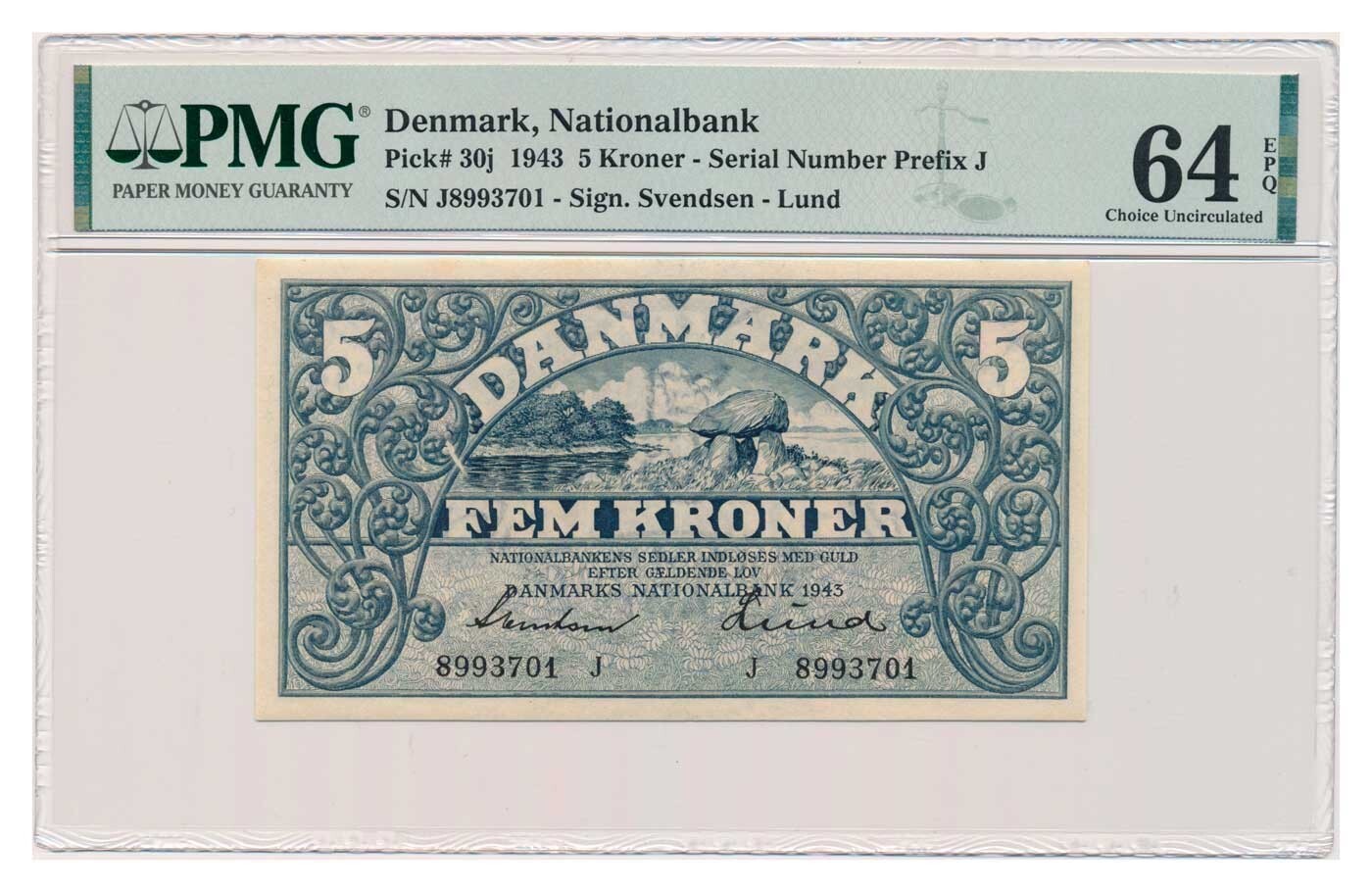 DENMARK banknote 5 Kroner 1943 PMG MS 64 EPQ Choice Uncirculated