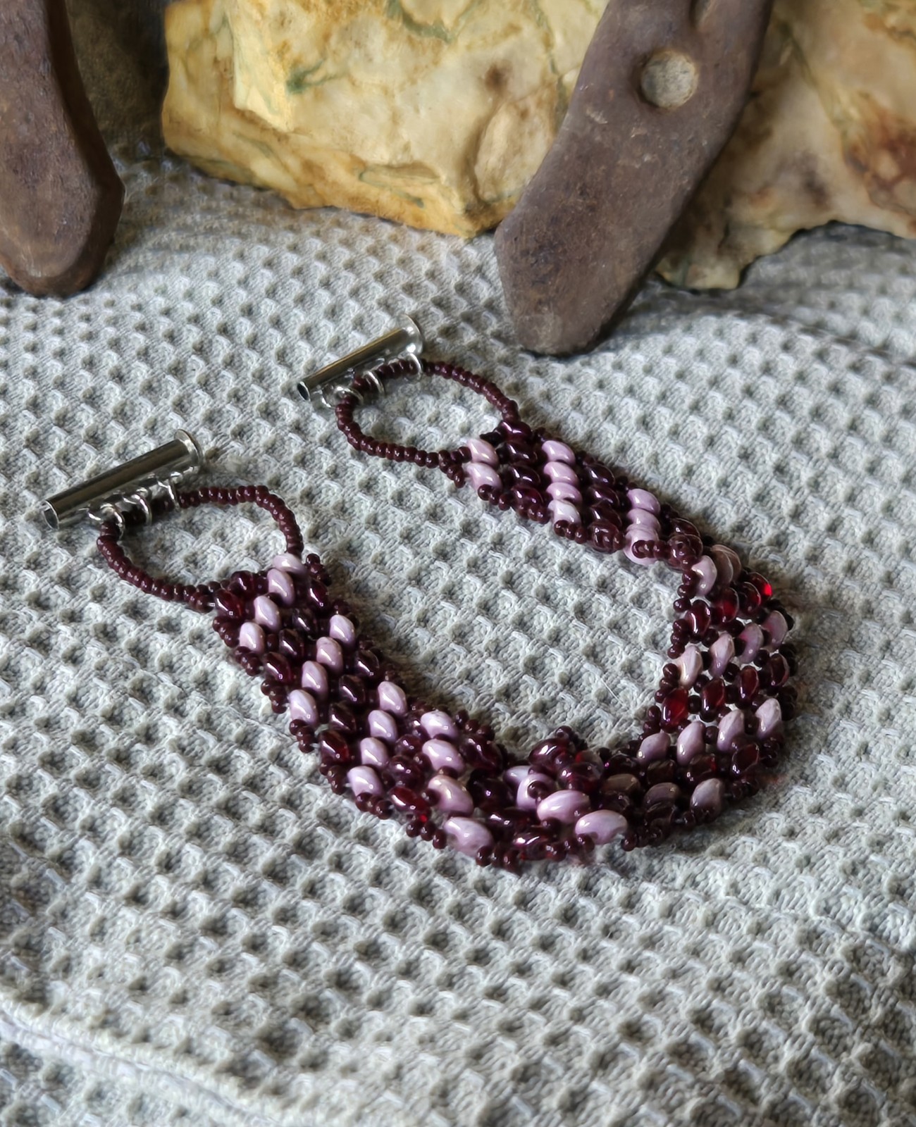 Burgundy With Pink One Of A Kind Handwoven Bracelet
