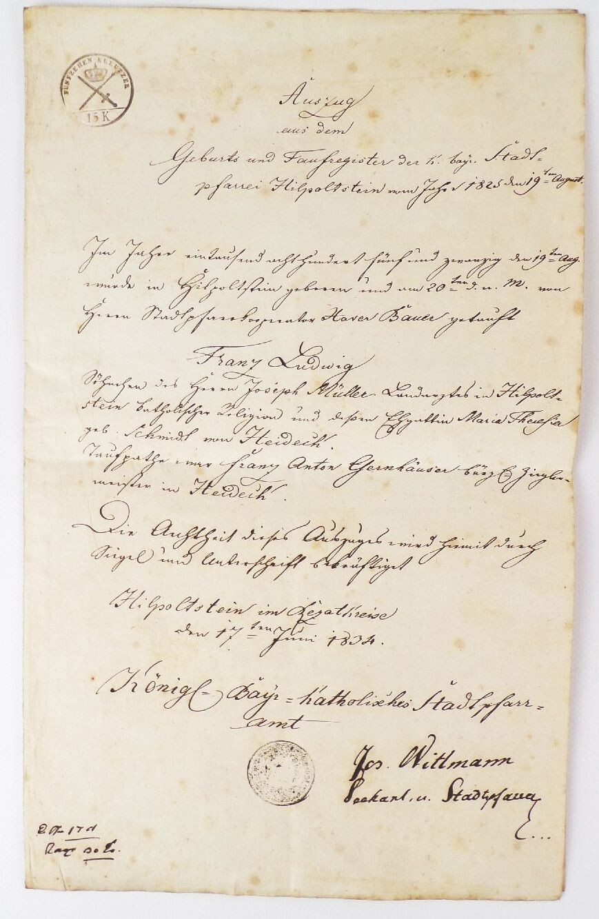 Schriftstück Hilpoltstein Taufregister 1834 Blattern Apparent Lesson Documents