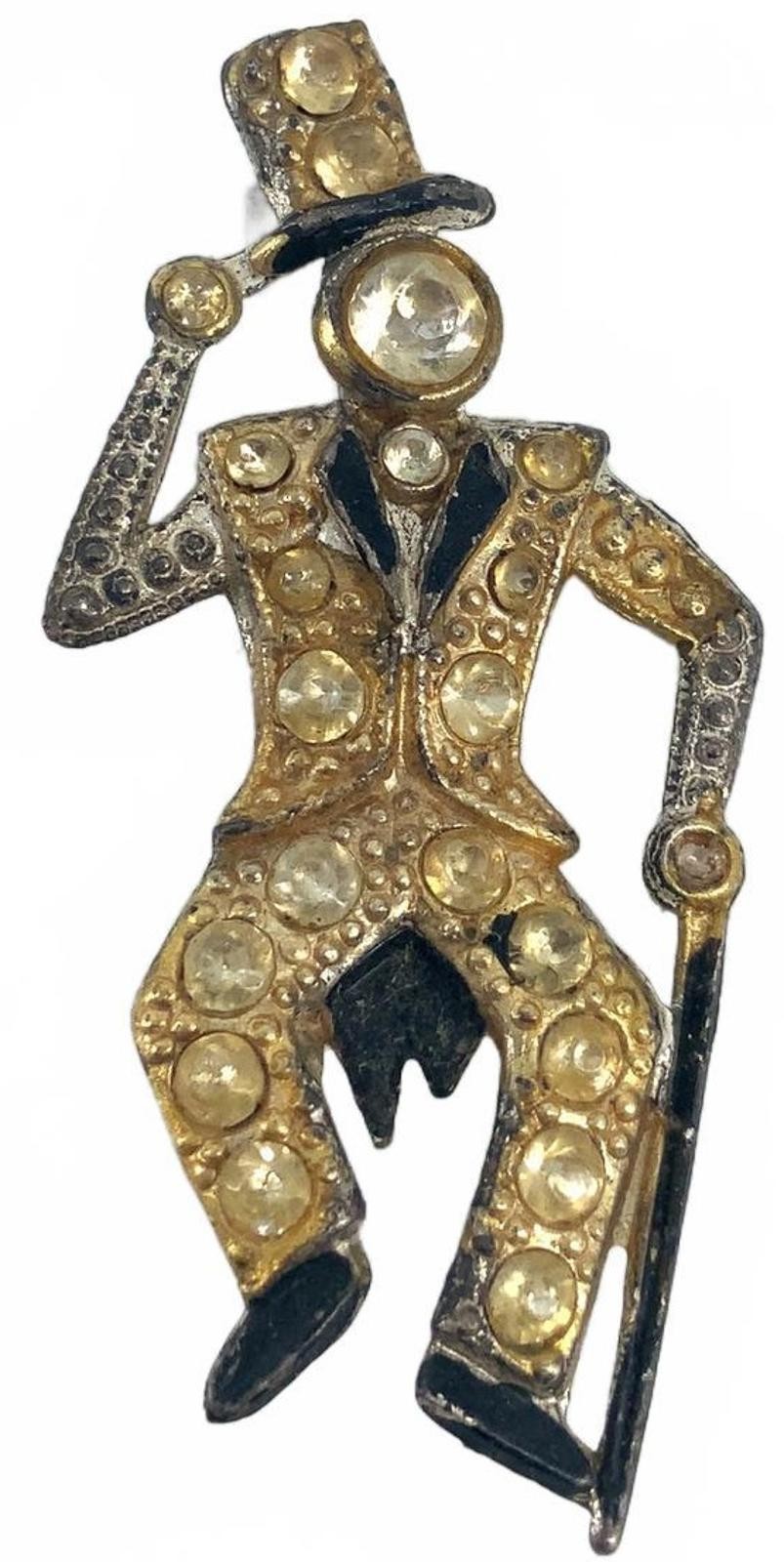 Vintage Rhinestone Art Deco Dandy Pin Goldtone Black Enamel Gentleman Brooch