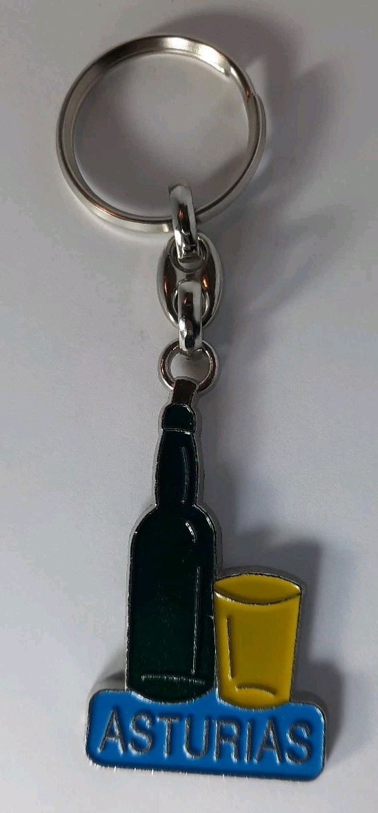 Asturias Metal Green Bottle & Yellow Cup Keychain Souvenir Spain