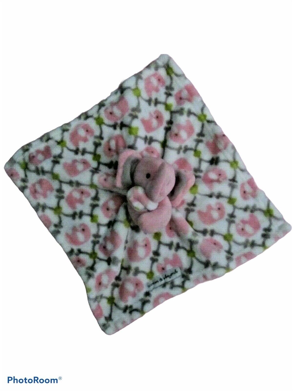 Blankets and Beyond Elephant Security Blanket Pink Green Lovey HTF Gray 15x15
