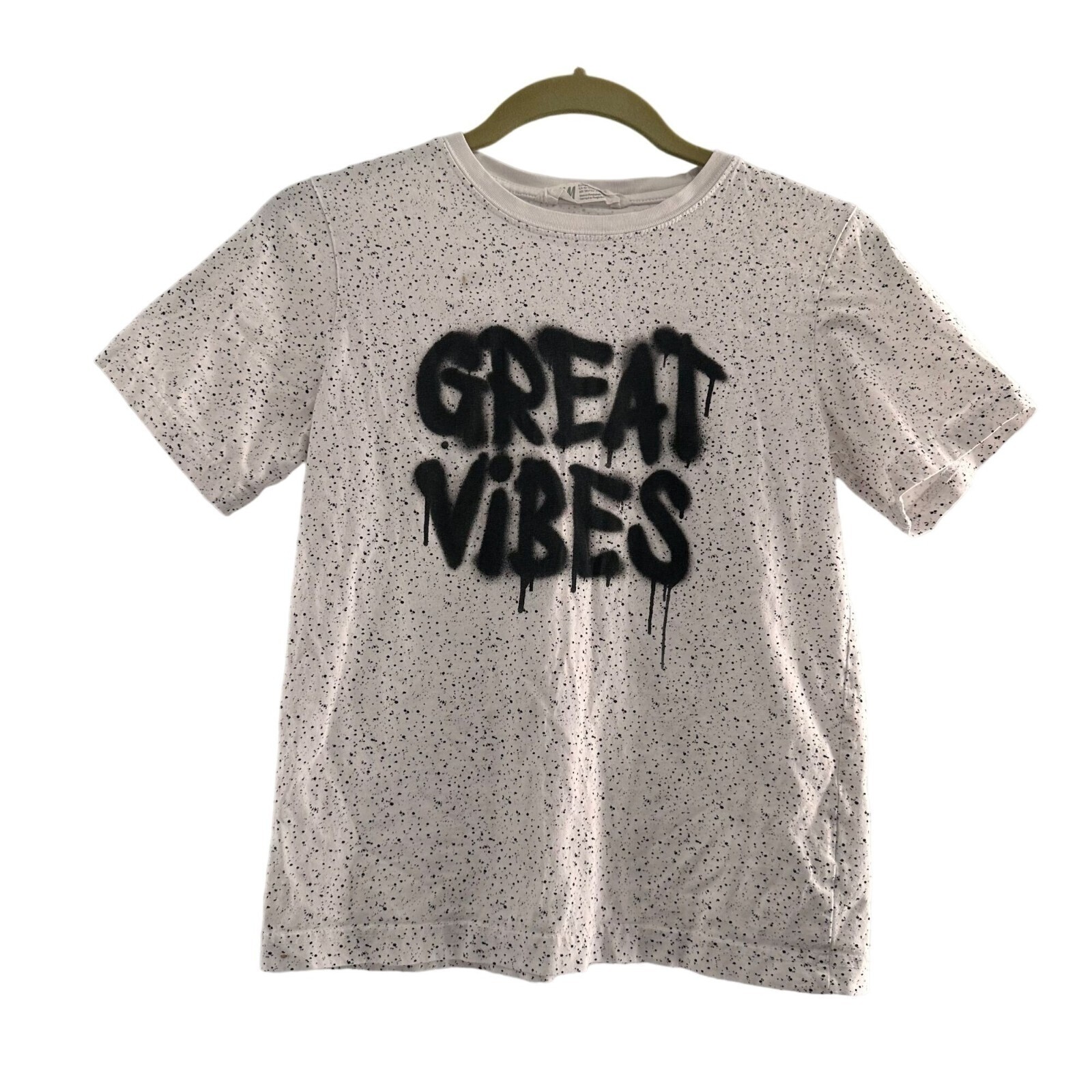 H&M Kids White Speckled "Great Vibes" Graphic T-Shirt 12Y Short Sleeve Cotton
