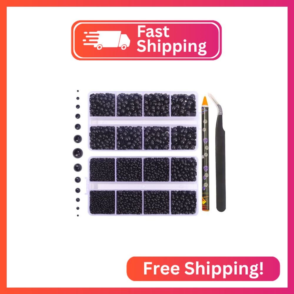 6540PCS Black Resin Flat Back Pearls Rhinestones,Mixed Size 2/3/4/5/6/8/10mm Hal