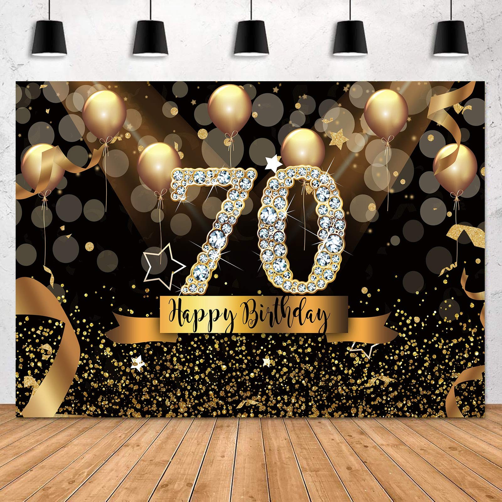 Sensfun Sparkle Gold 70th Birthday Backdrop Black Golden 7x5ft, Black,Gold 