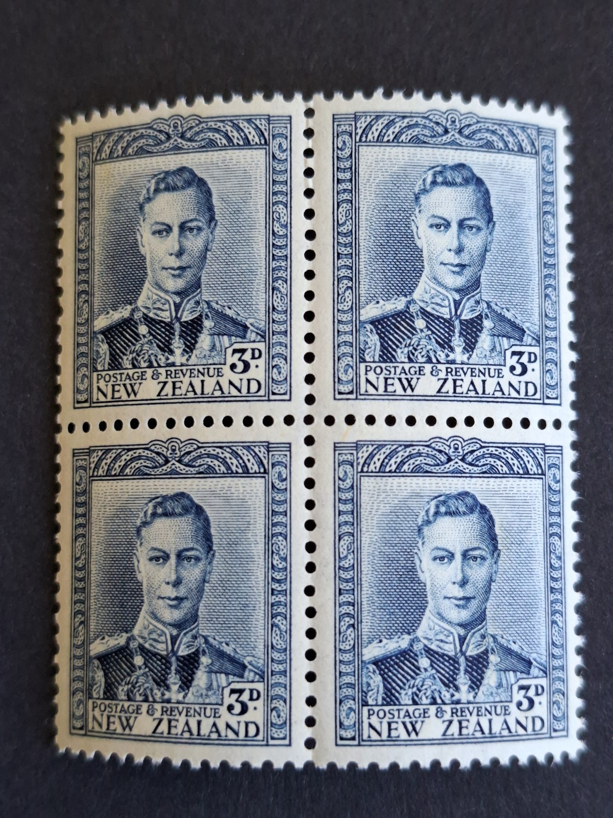 New Zealand 1938 King George Vl - 3d BLUE BLOCK OF 4 - VERY LIGHT TONING ON BACK