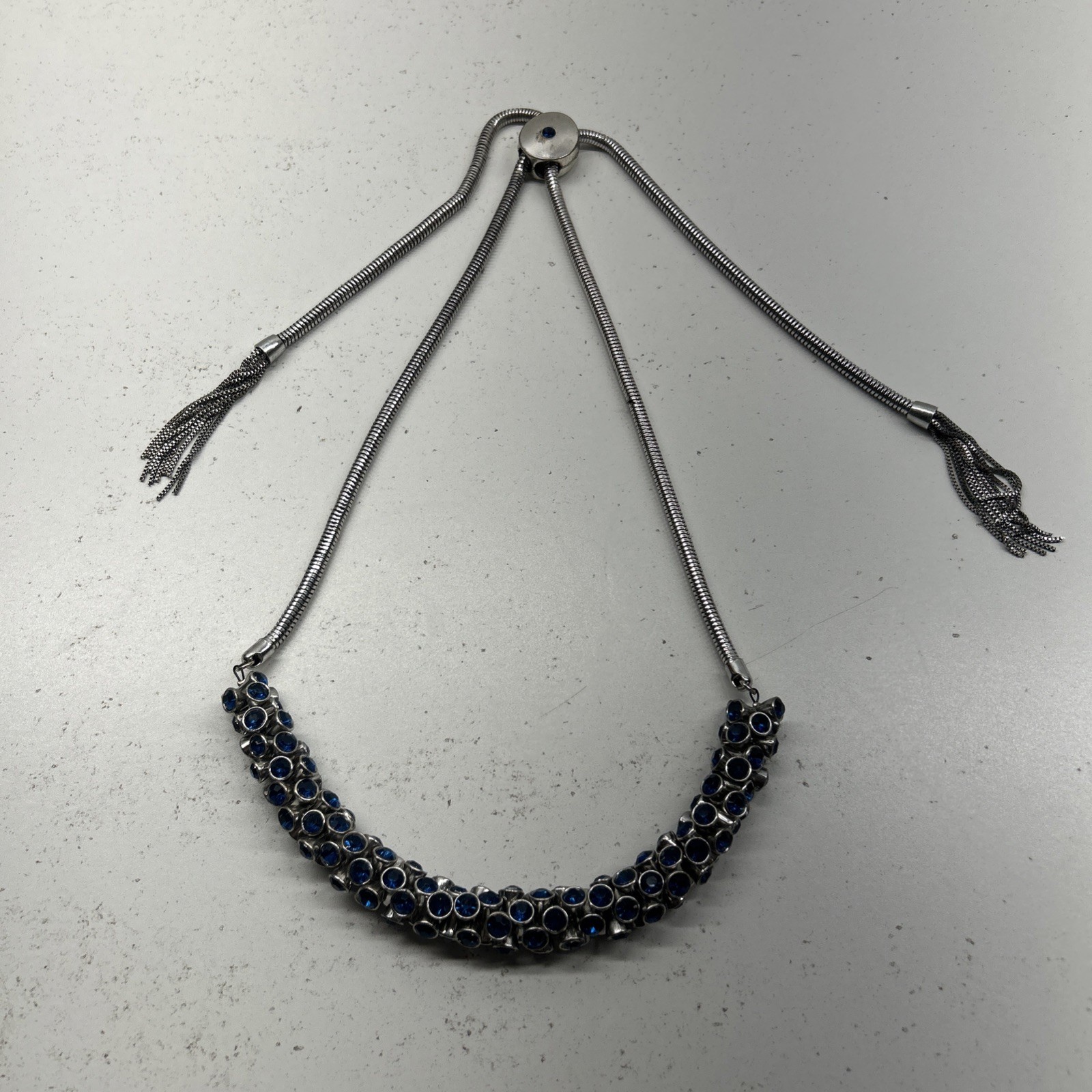 Breil Rockmantic Silver Tone Adjustable Necklace With Blue Crystals And Tassels