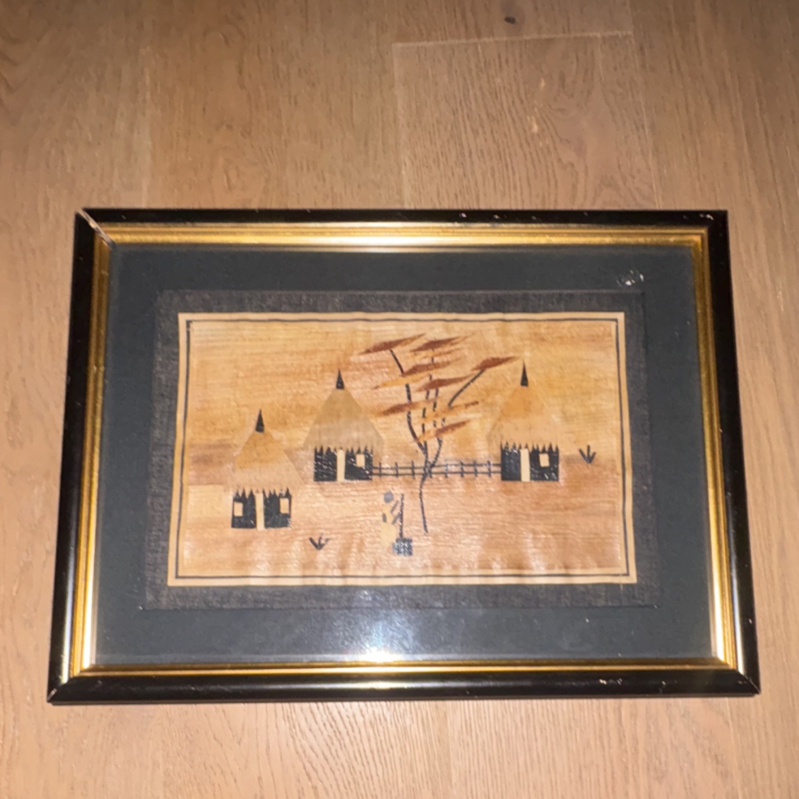 Framed Textile Tapestry Village Scene Art Small Fiber Artwork