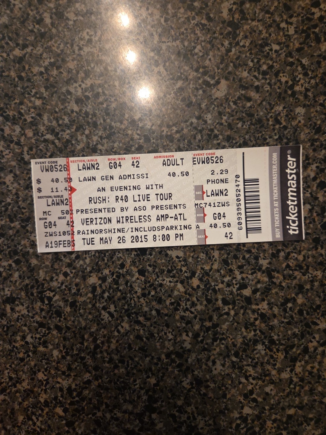 Rush Concert Ticket From 05/26/2015 Atlanta Georgia