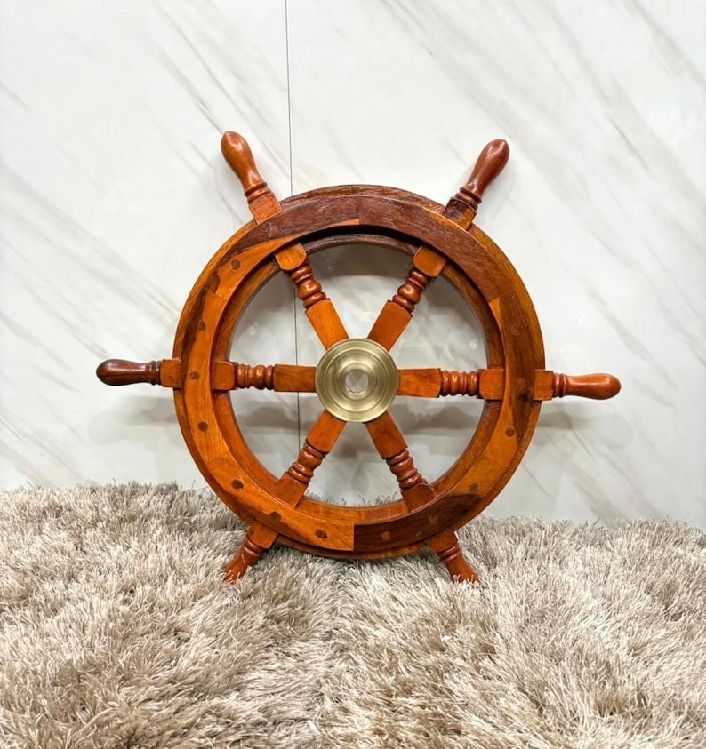 Wooden Ship Wheel With Brass Hub Nautical 18Inch Wheel Handmade Wall Decor