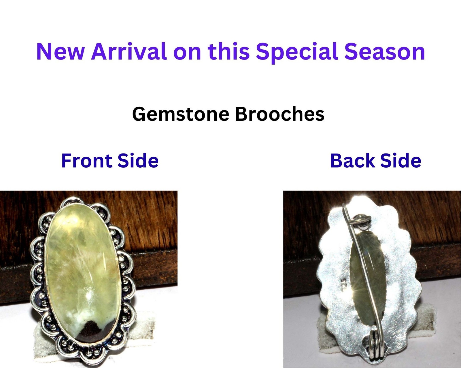 925 Silver Plated Exclusive Prehnite Brooches Pins Jewelry Size 1.5" MJ