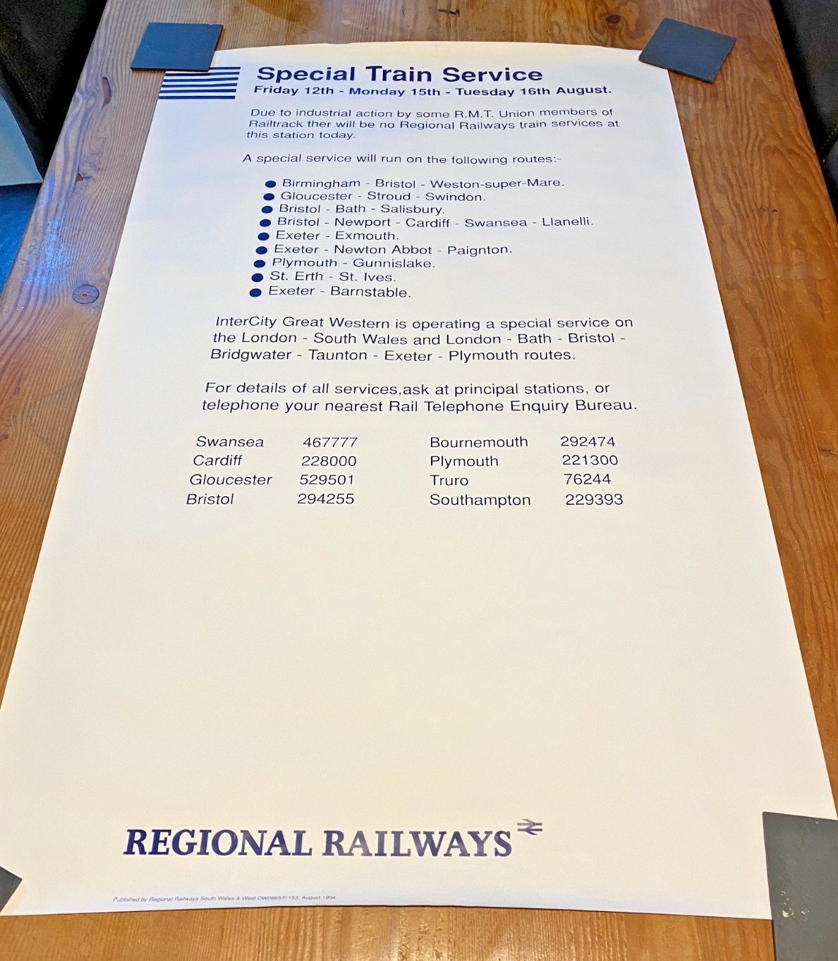 Original used railway poster. Regional Railways. 1994